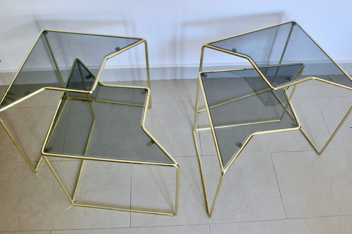 Set of 4 Postmodern Geometric Brass & Smoked Glass Sculptural Side Tables