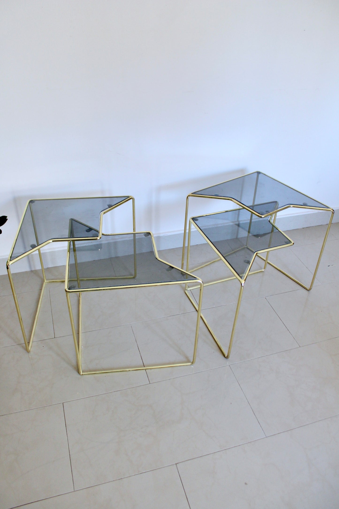 Set of 4 Postmodern Geometric Brass & Smoked Glass Sculptural Side Tables
