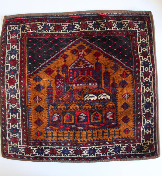 Small Vintage Afghan Hand-Knotted Wool Tapestry – Mosque Design Tribal Textile - 56cm by 61cm