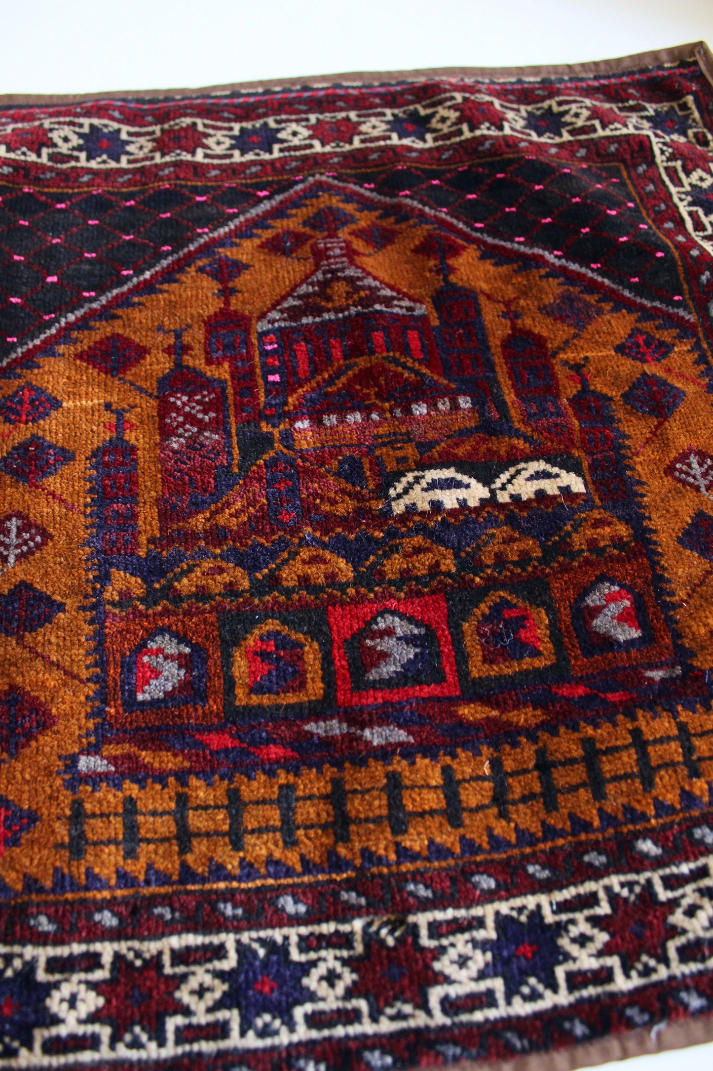 Small Vintage Afghan Hand-Knotted Wool Tapestry – Mosque Design Tribal Textile - 56cm by 61cm