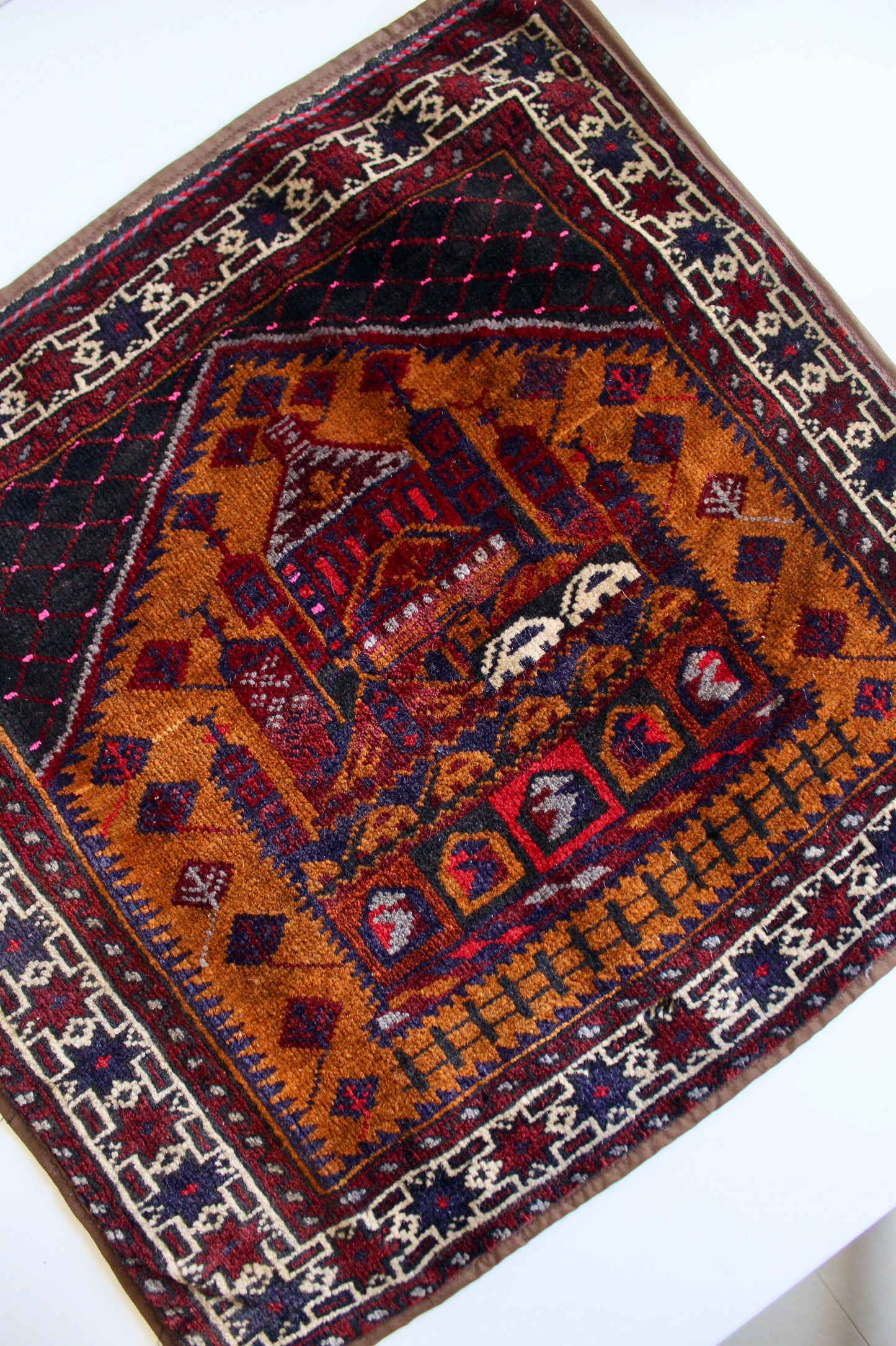 Small Vintage Afghan Hand-Knotted Wool Tapestry – Mosque Design Tribal Textile - 56cm by 61cm