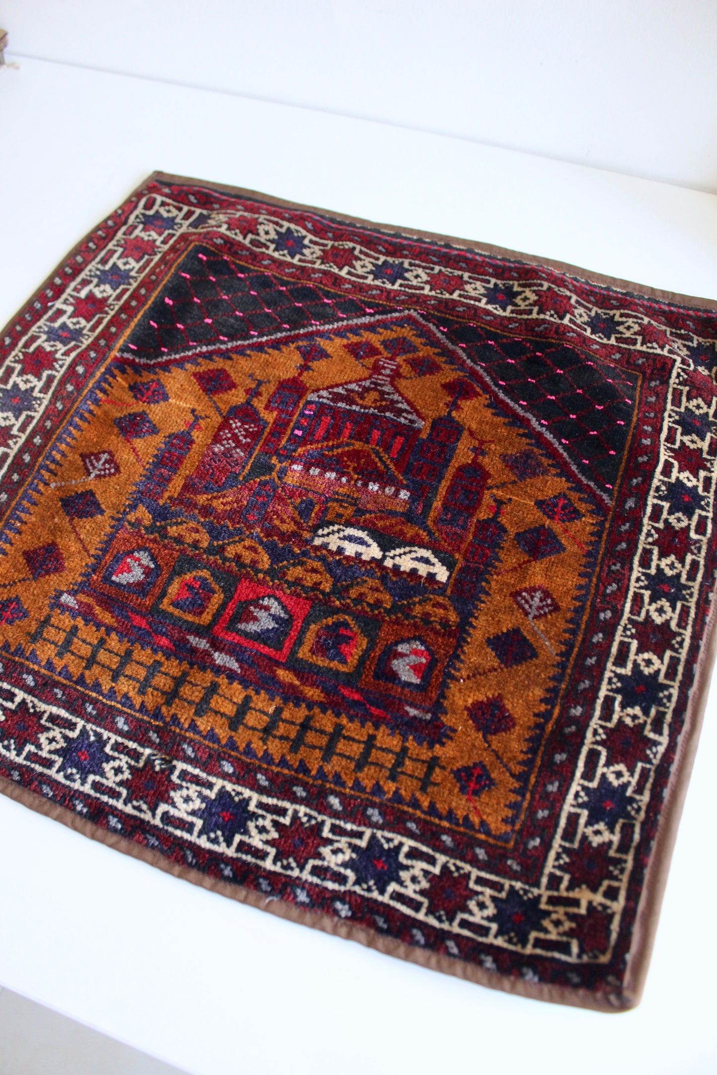 Small Vintage Afghan Hand-Knotted Wool Tapestry – Mosque Design Tribal Textile - 56cm by 61cm