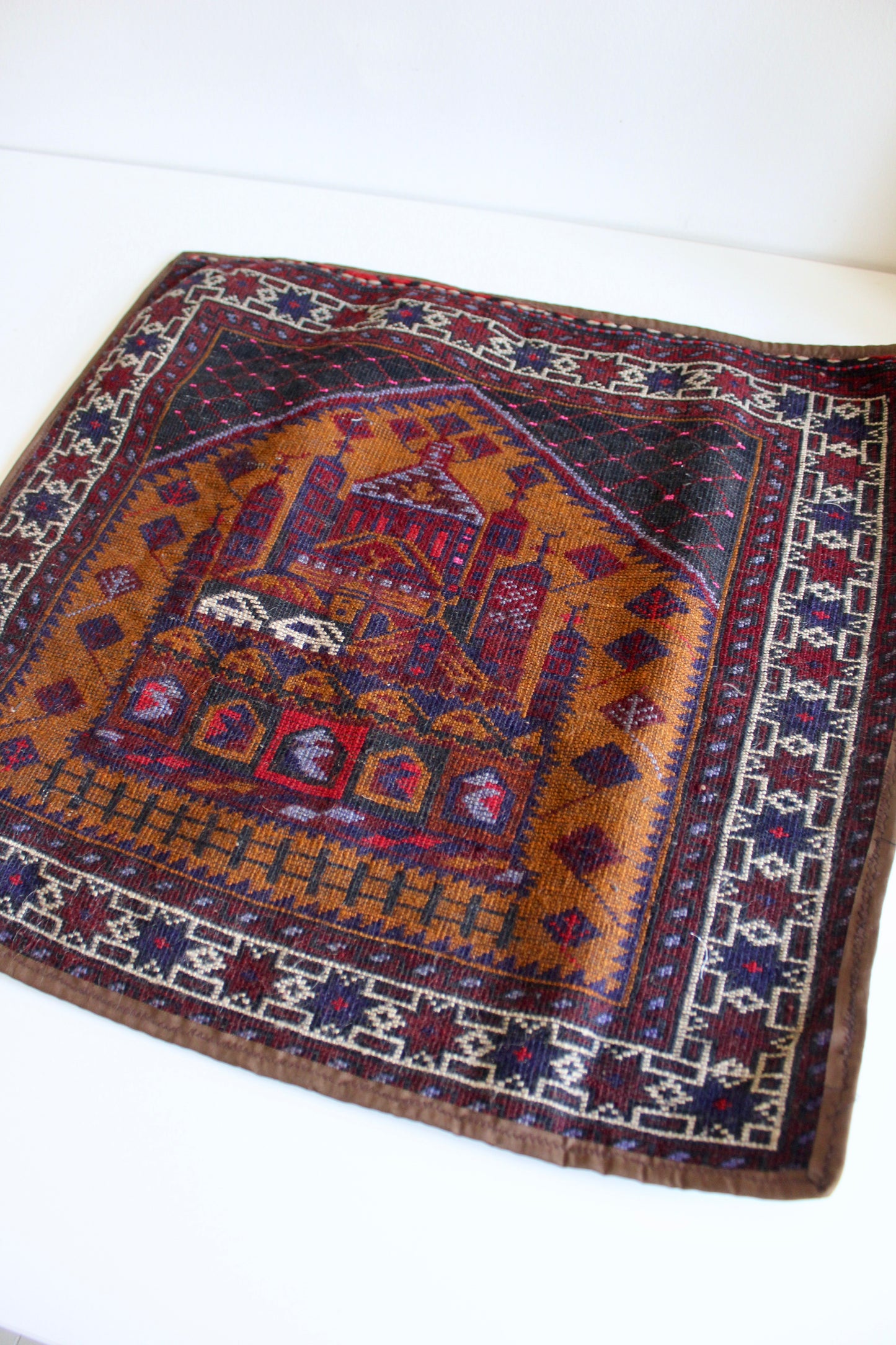 Small Vintage Afghan Hand-Knotted Wool Tapestry – Mosque Design Tribal Textile - 56cm by 61cm