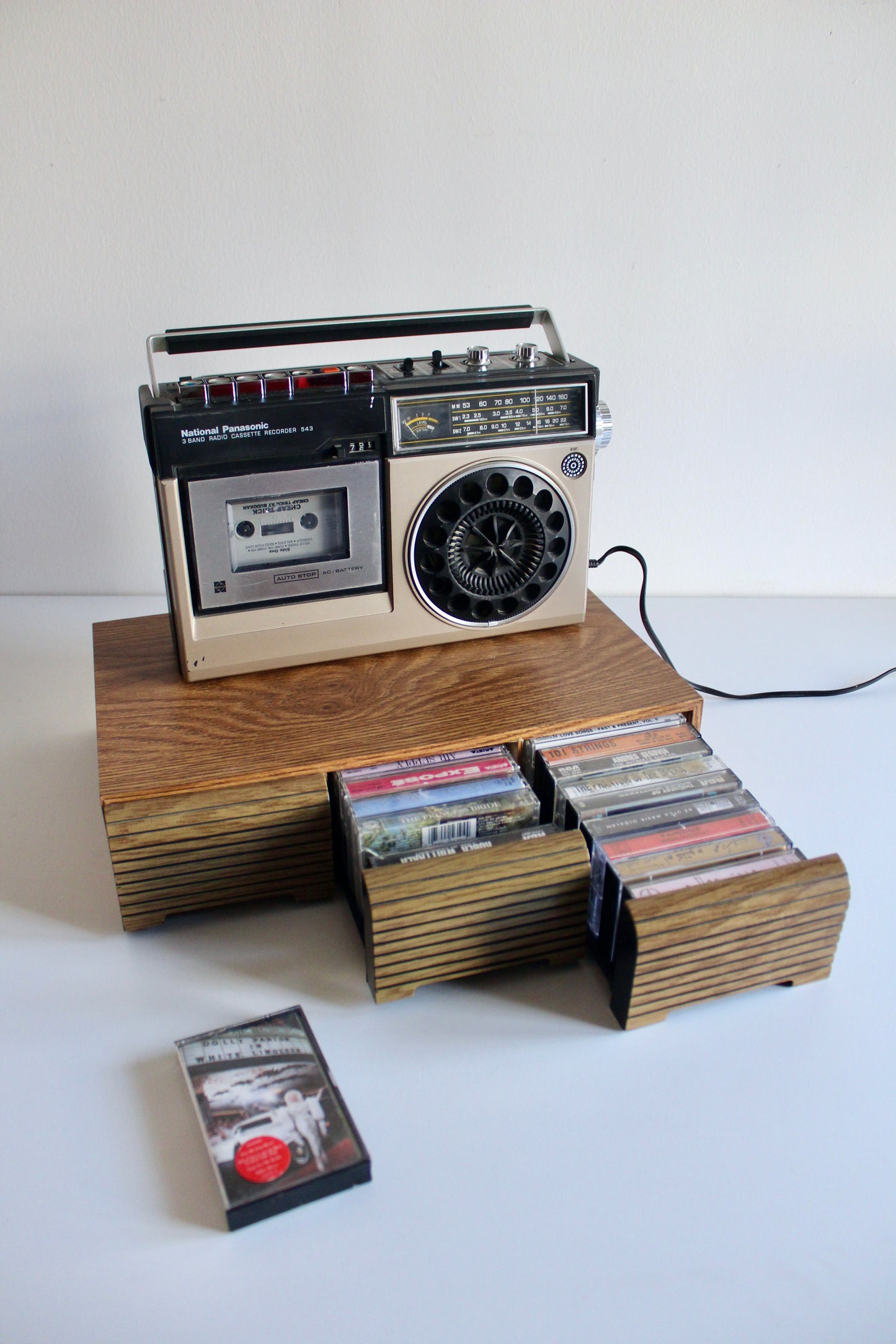 Vintage Faux Wood Cassette Tape Storage Box with 3 Drawers – Holds Approx. 36 Cassettes