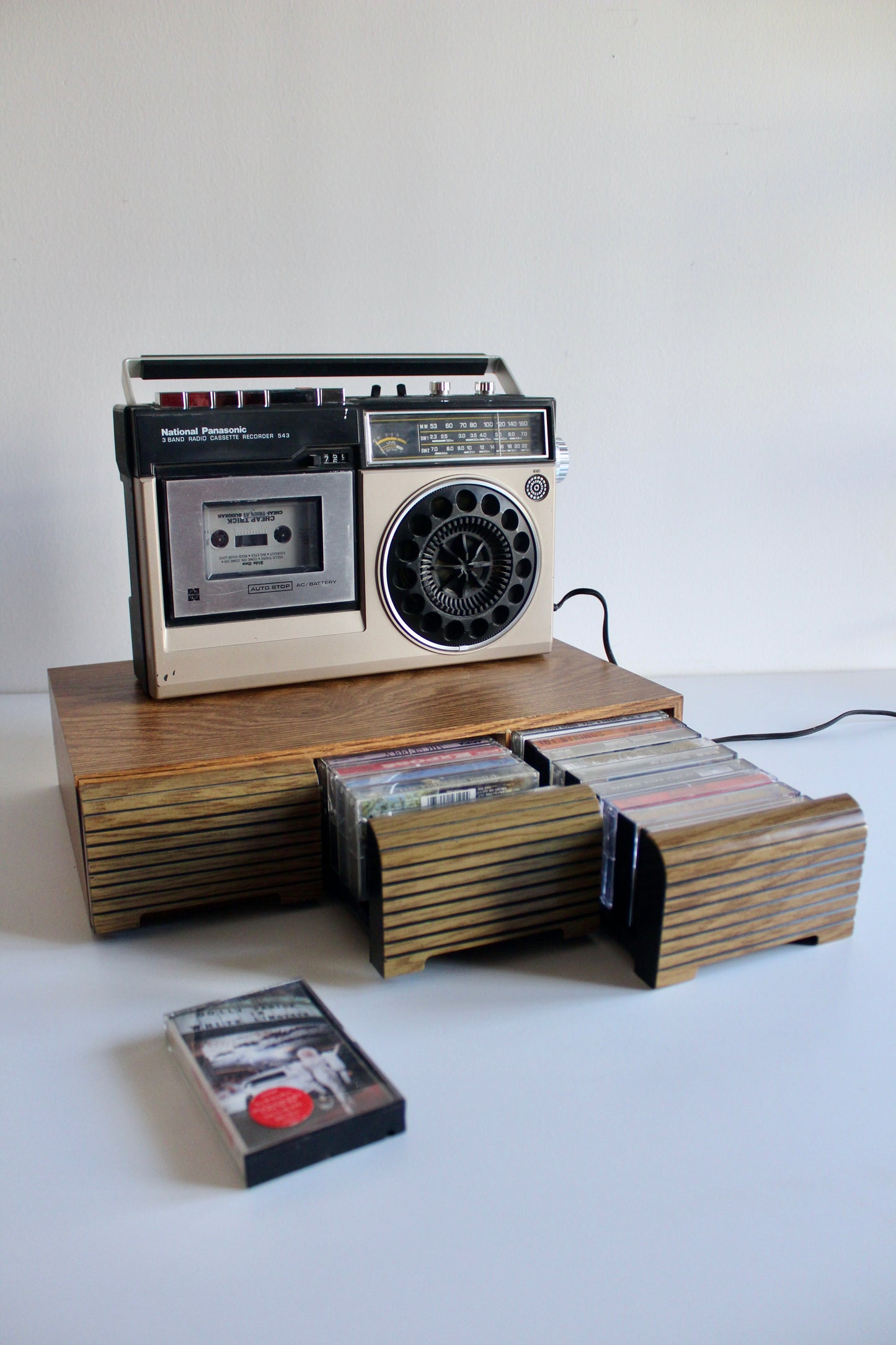 Vintage Faux Wood Cassette Tape Storage Box with 3 Drawers – Holds Approx. 36 Cassettes