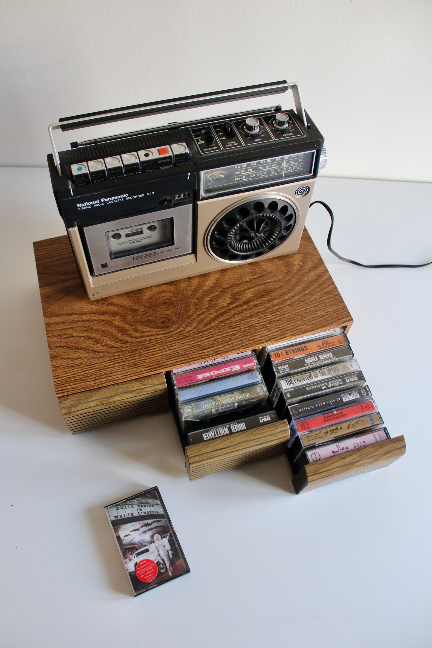 Vintage Faux Wood Cassette Tape Storage Box with 3 Drawers – Holds Approx. 36 Cassettes
