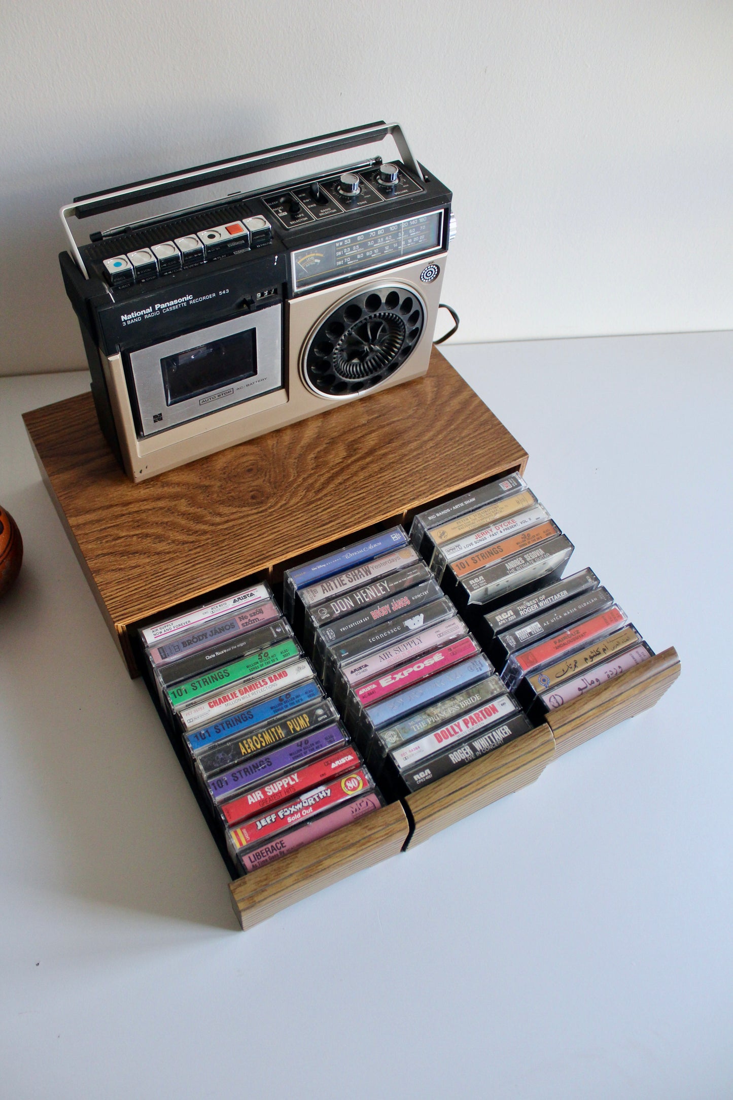 Vintage Faux Wood Cassette Tape Storage Box with 3 Drawers – Holds Approx. 36 Cassettes