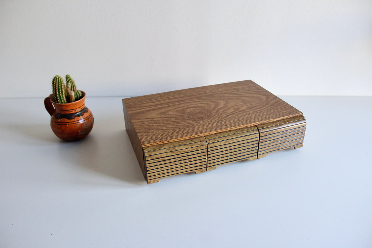Vintage Faux Wood Cassette Tape Storage Box with 3 Drawers – Holds Approx. 36 Cassettes