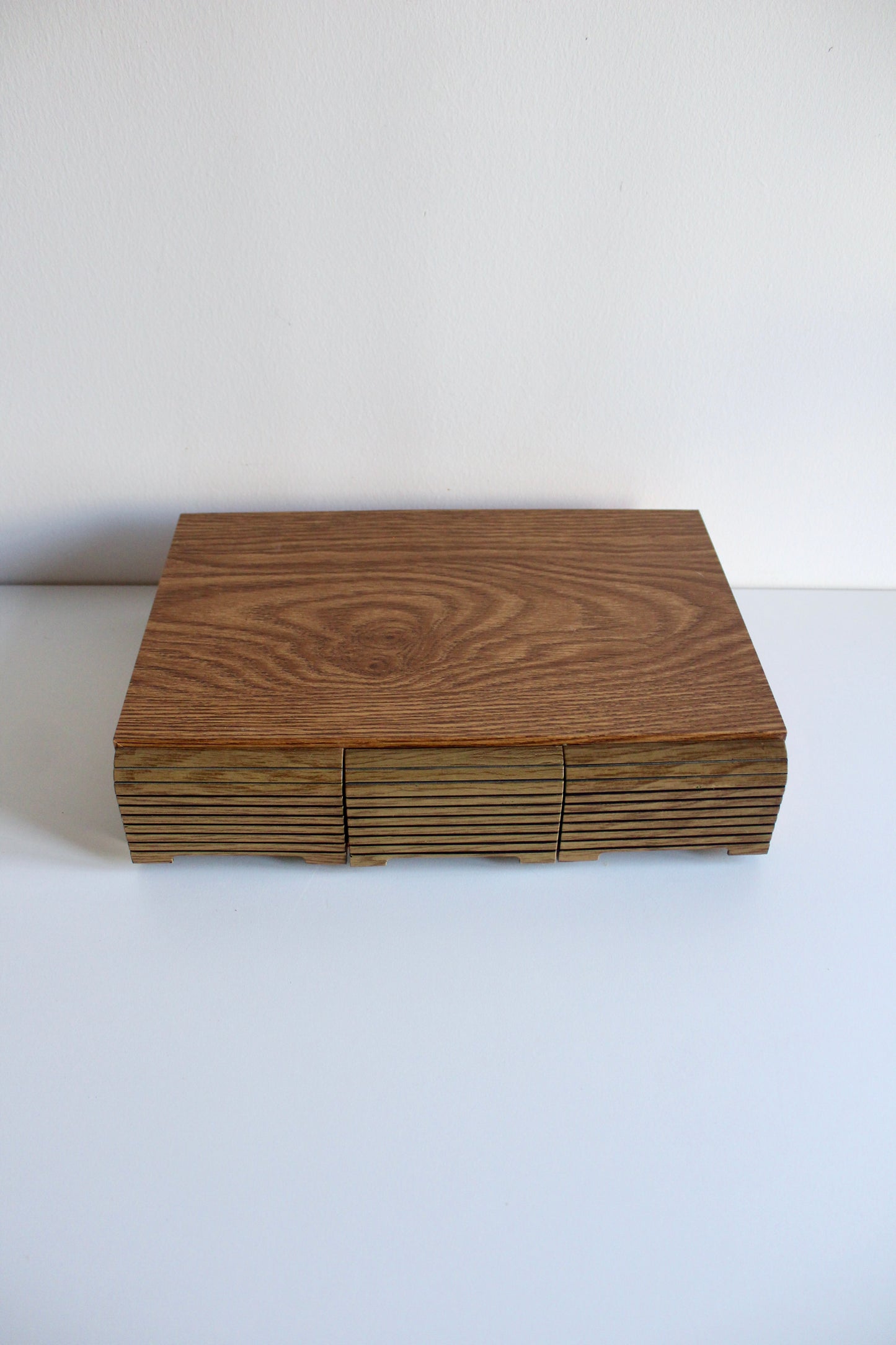 Vintage Faux Wood Cassette Tape Storage Box with 3 Drawers – Holds Approx. 36 Cassettes