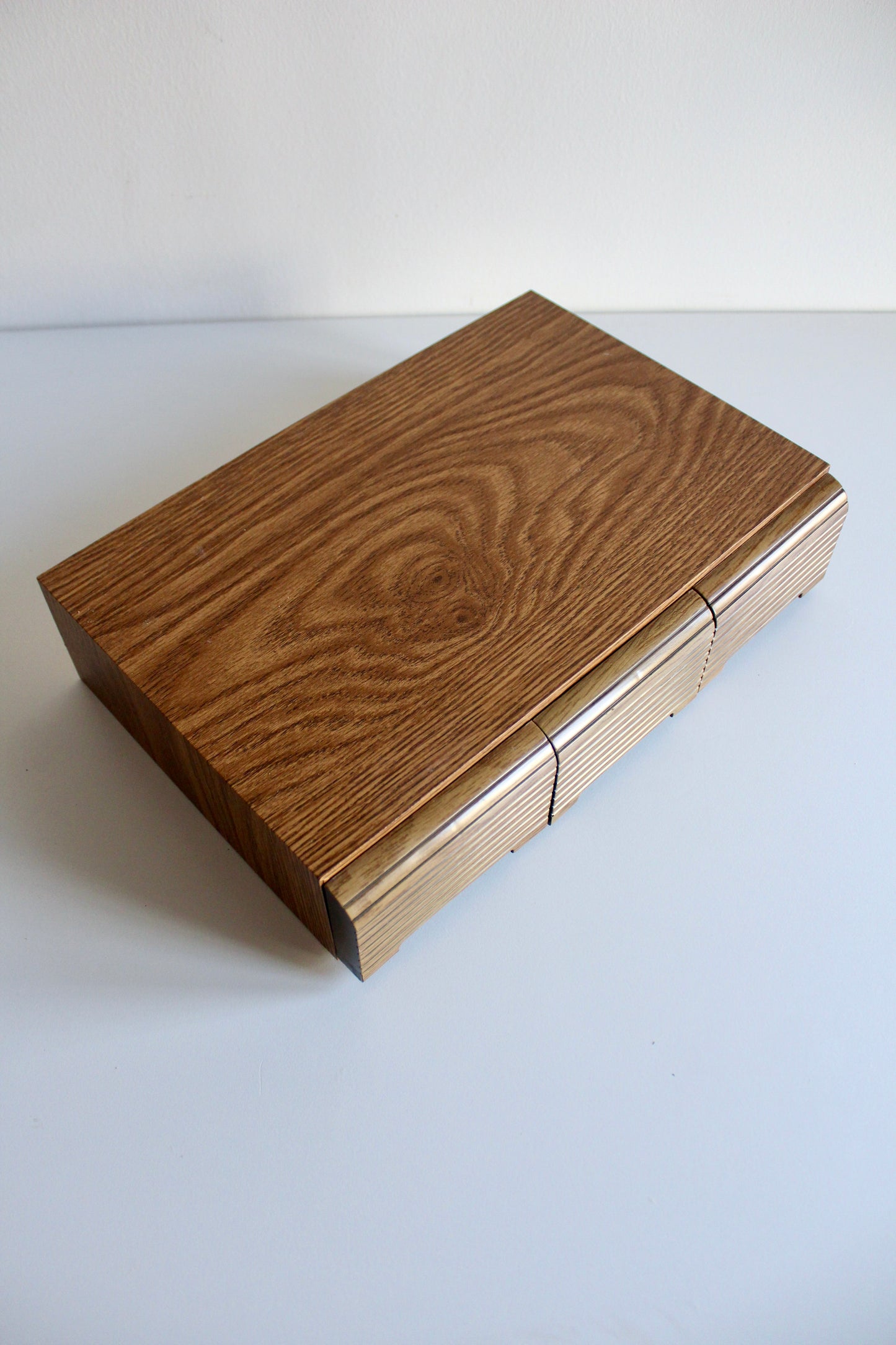 Vintage Faux Wood Cassette Tape Storage Box with 3 Drawers – Holds Approx. 36 Cassettes