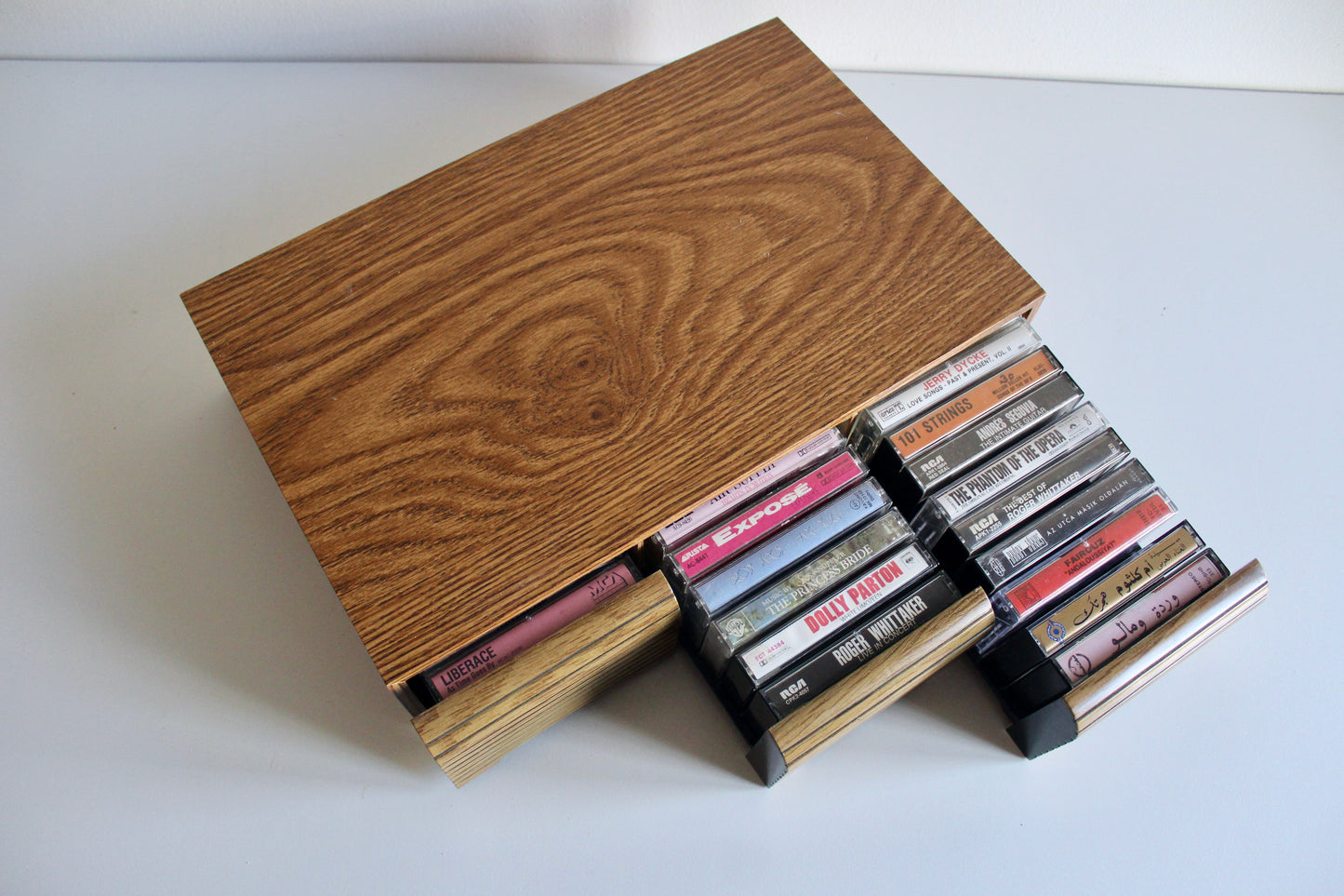 Vintage Faux Wood Cassette Tape Storage Box with 3 Drawers – Holds Approx. 36 Cassettes