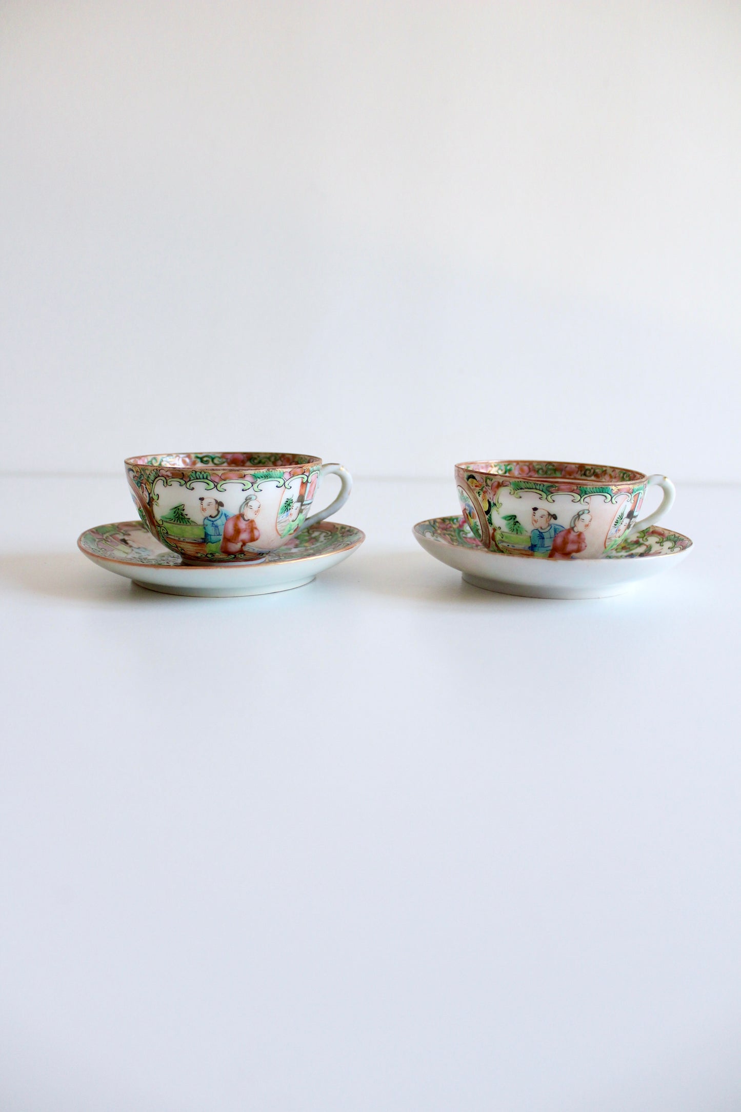 Pair of Vintage Chinese Rose Medallion Teacups & Saucers