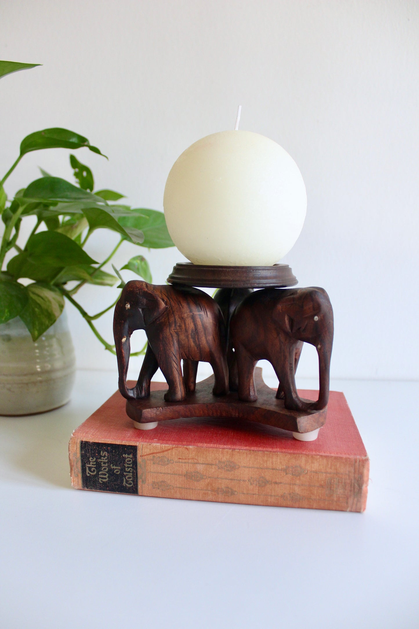 Hand-Carved Wooden Elephant Candle Holder