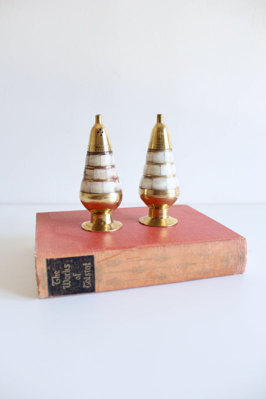 Vintage Brass & Mother-of-Pearl Salt & Pepper Shakers