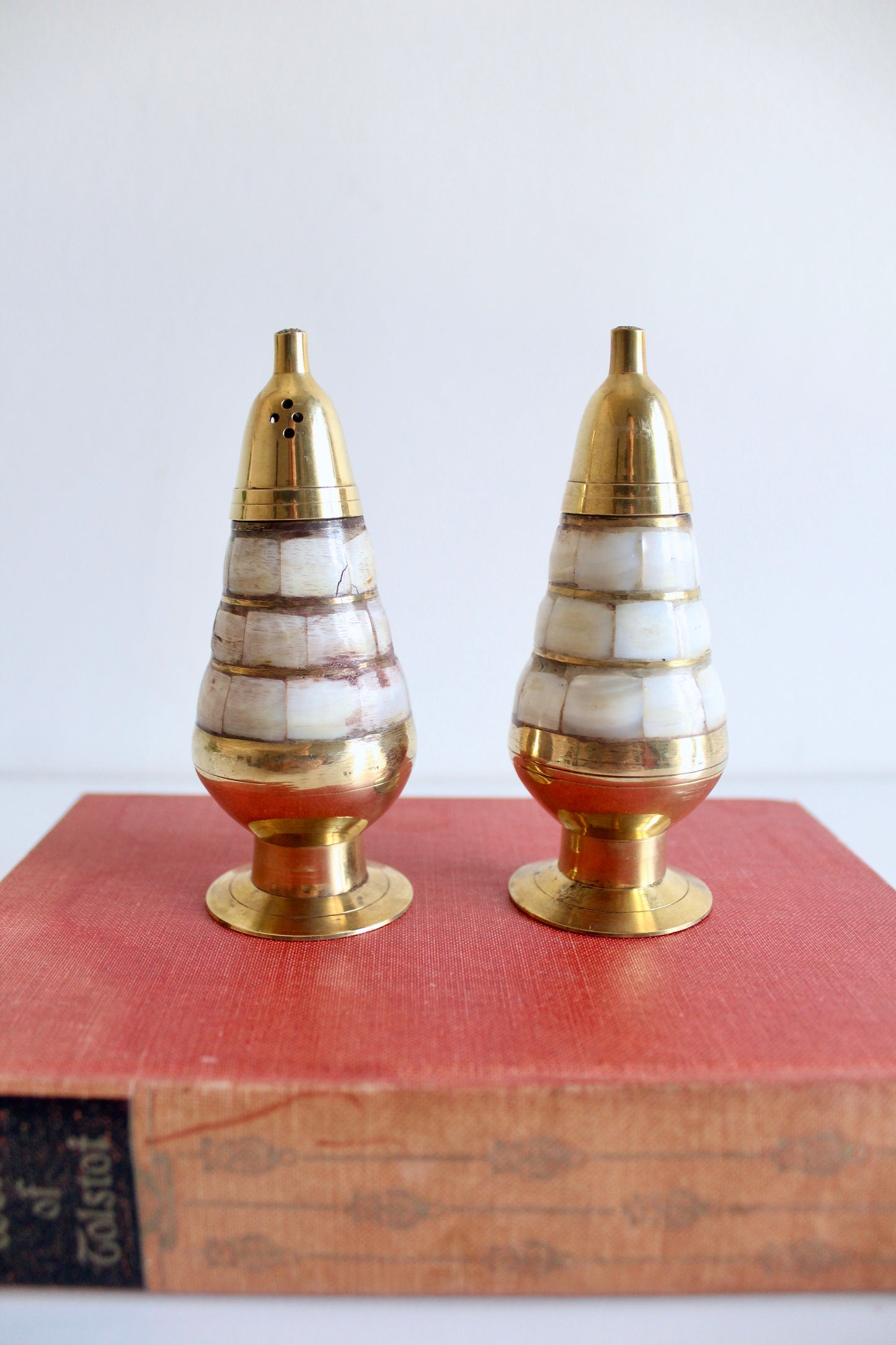 Vintage Brass & Mother-of-Pearl Salt & Pepper Shakers