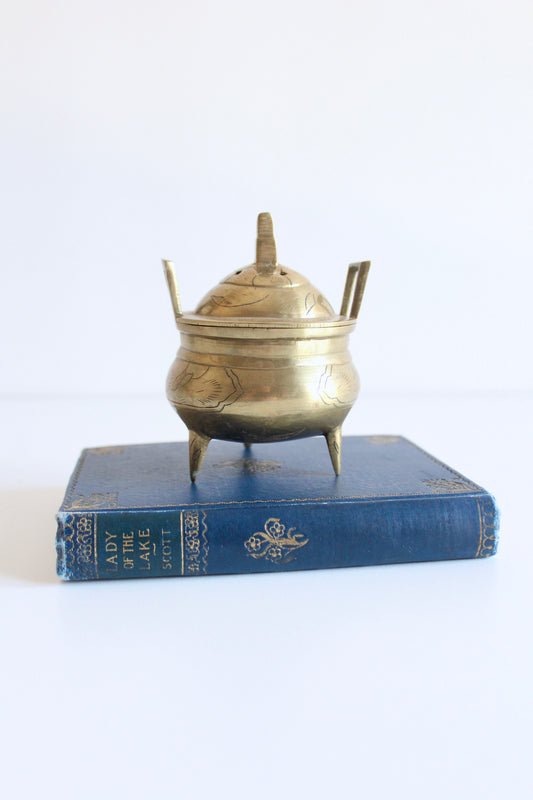 Vintage Brass Tripod Incense Burner with Pierced Lid