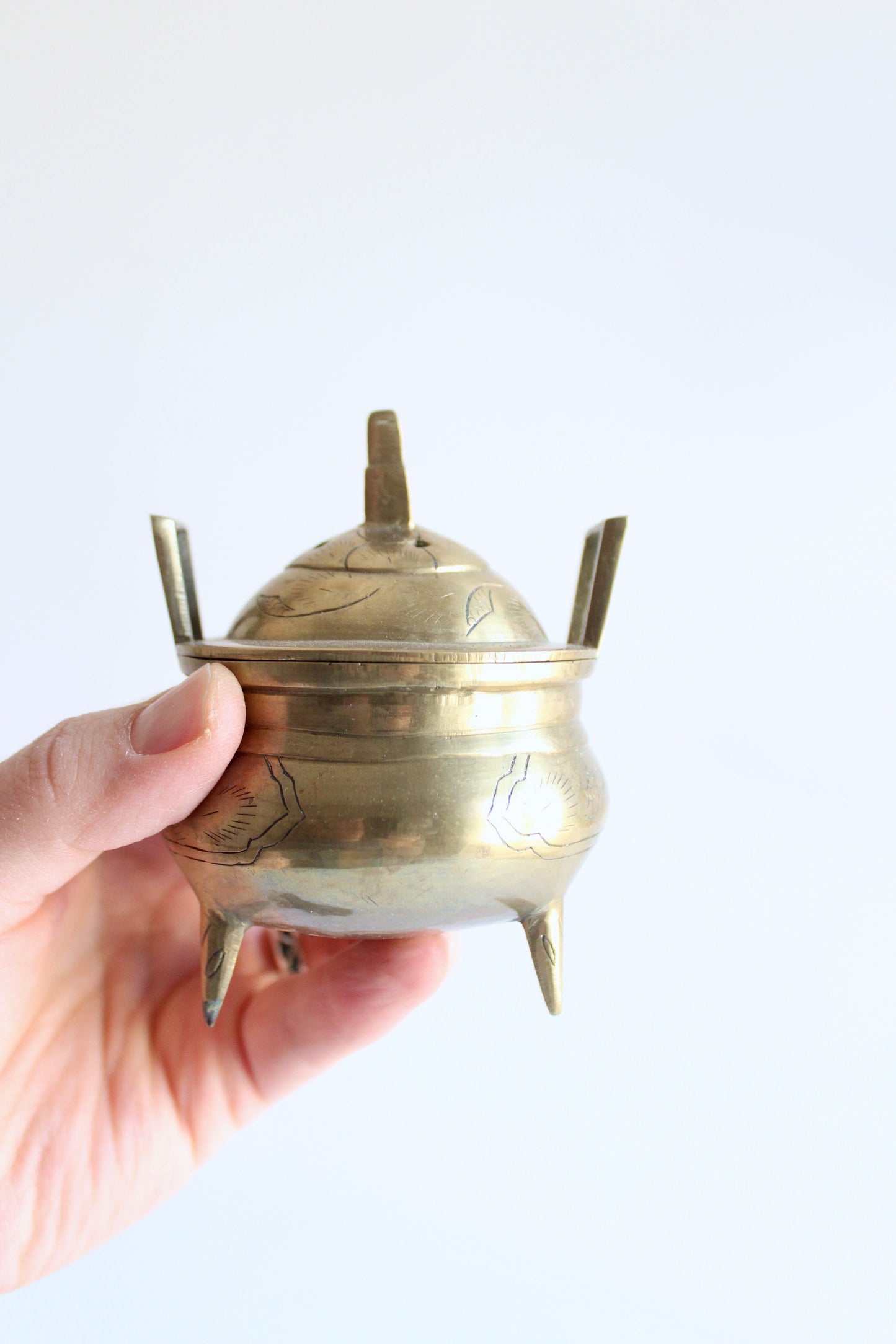 Vintage Brass Tripod Incense Burner with Pierced Lid