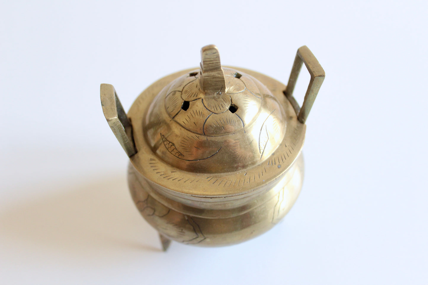 Vintage Brass Tripod Incense Burner with Pierced Lid
