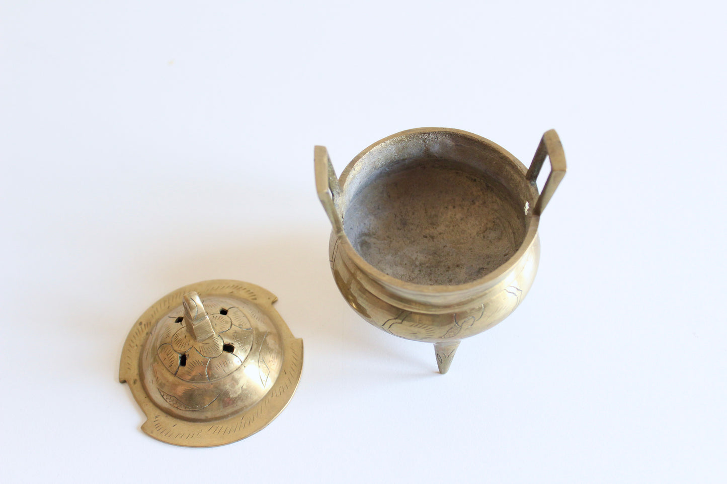 Vintage Brass Tripod Incense Burner with Pierced Lid