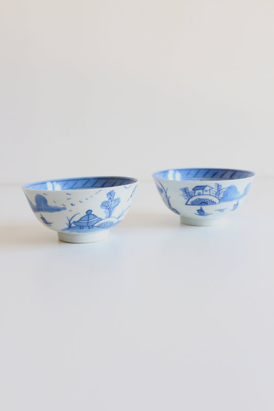 Pair of Antique Chinese Export Blue & White Porcelain Rice Bowls, c. 1880–1910