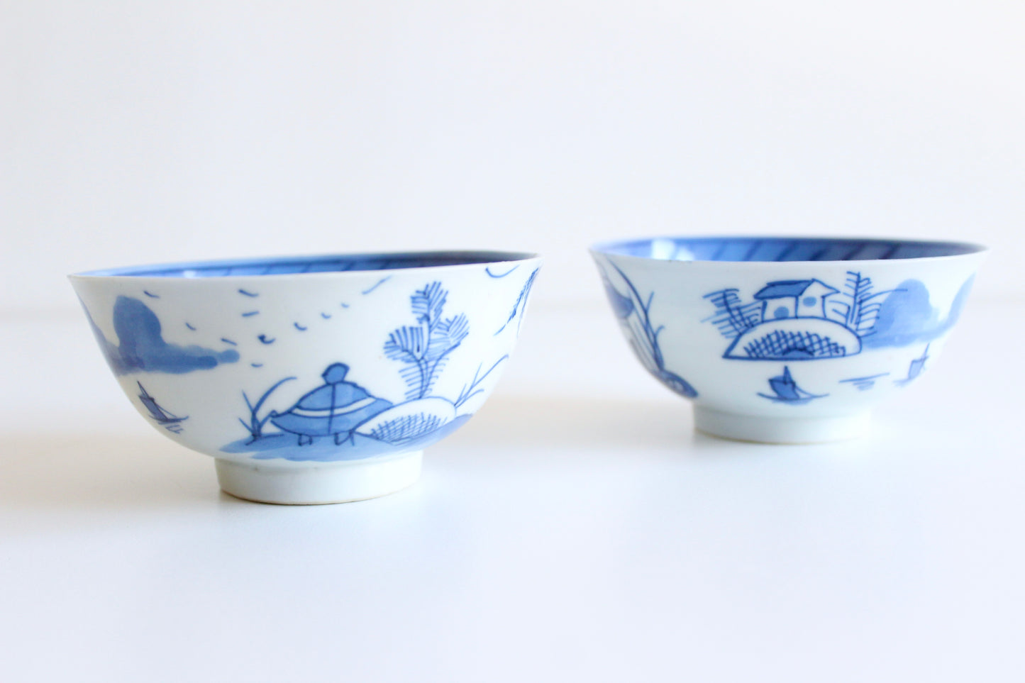 Pair of Antique Chinese Export Blue & White Porcelain Rice Bowls, c. 1880–1910