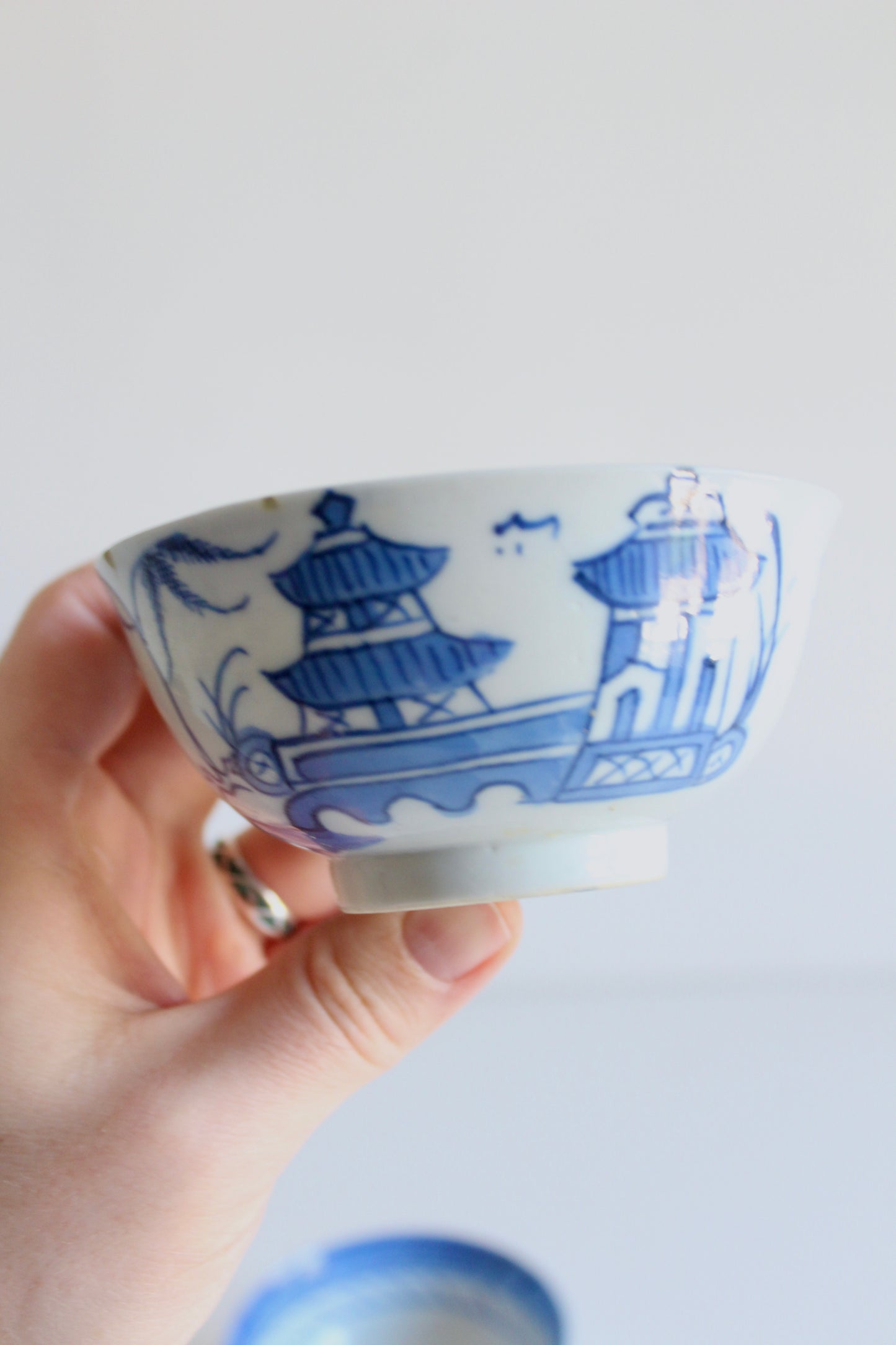 Pair of Antique Chinese Export Blue & White Porcelain Rice Bowls, c. 1880–1910