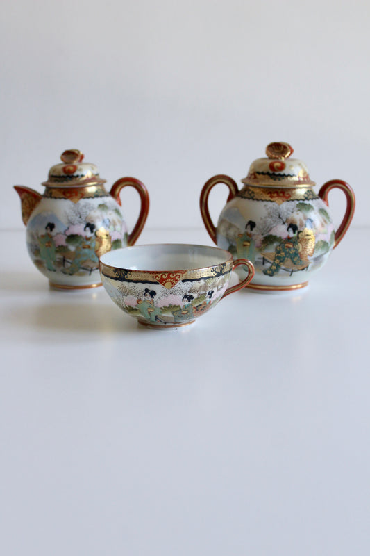 Antique Japanese Satsuma Porcelain Tea Set – Teapot, Sugar Bowl & Teacup, c. 1915–1940