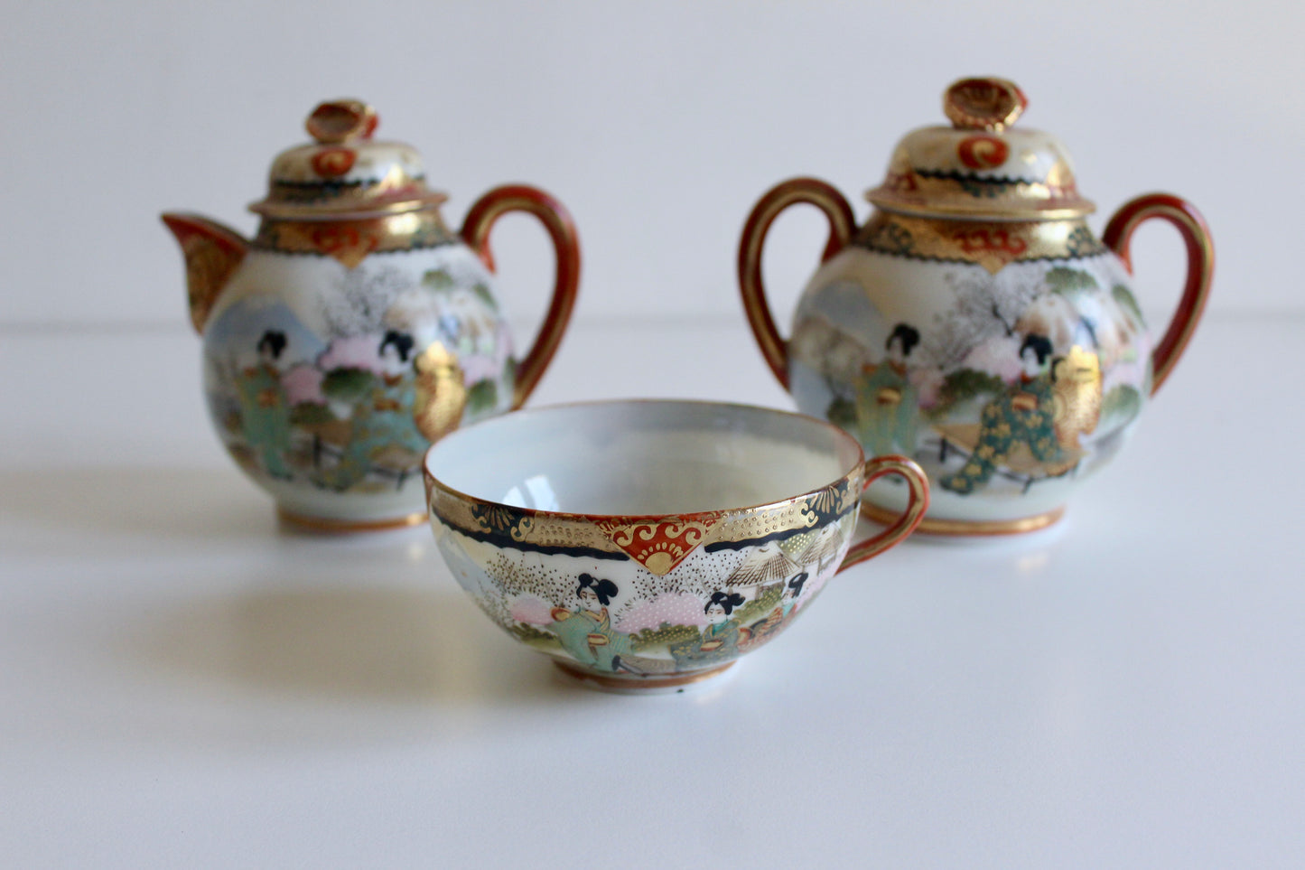 Antique Japanese Satsuma Porcelain Tea Set – Teapot, Sugar Bowl & Teacup, c. 1915–1940