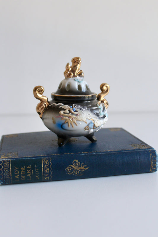 Vintage Japanese Dragon Porcelain Incense Burner (Kōro) with Gilt Handles, c. 1950s–1970s