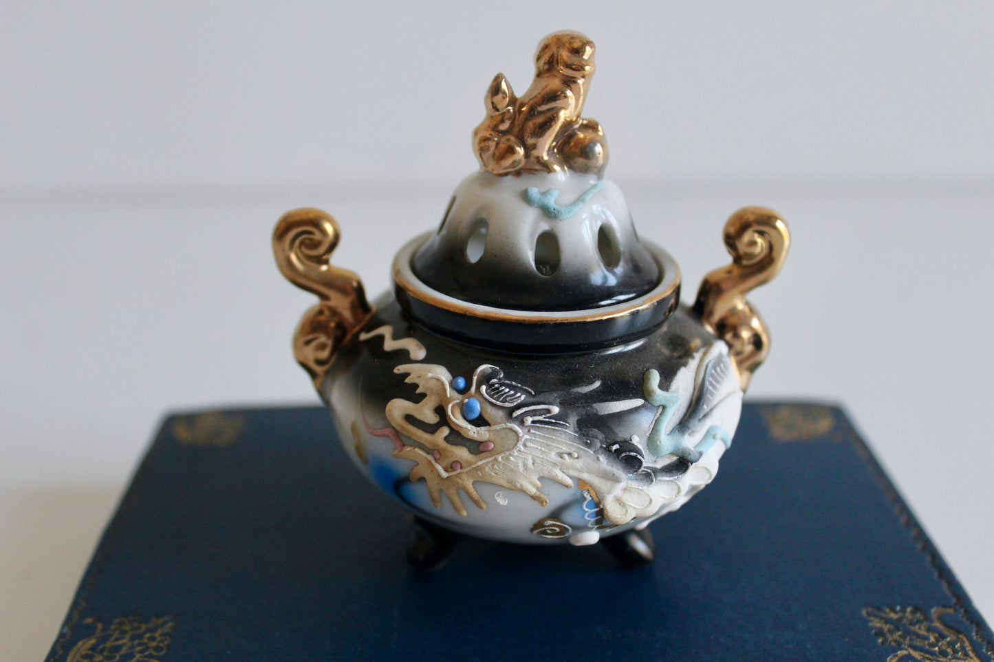 Vintage Japanese Dragon Porcelain Incense Burner (Kōro) with Gilt Handles, c. 1950s–1970s