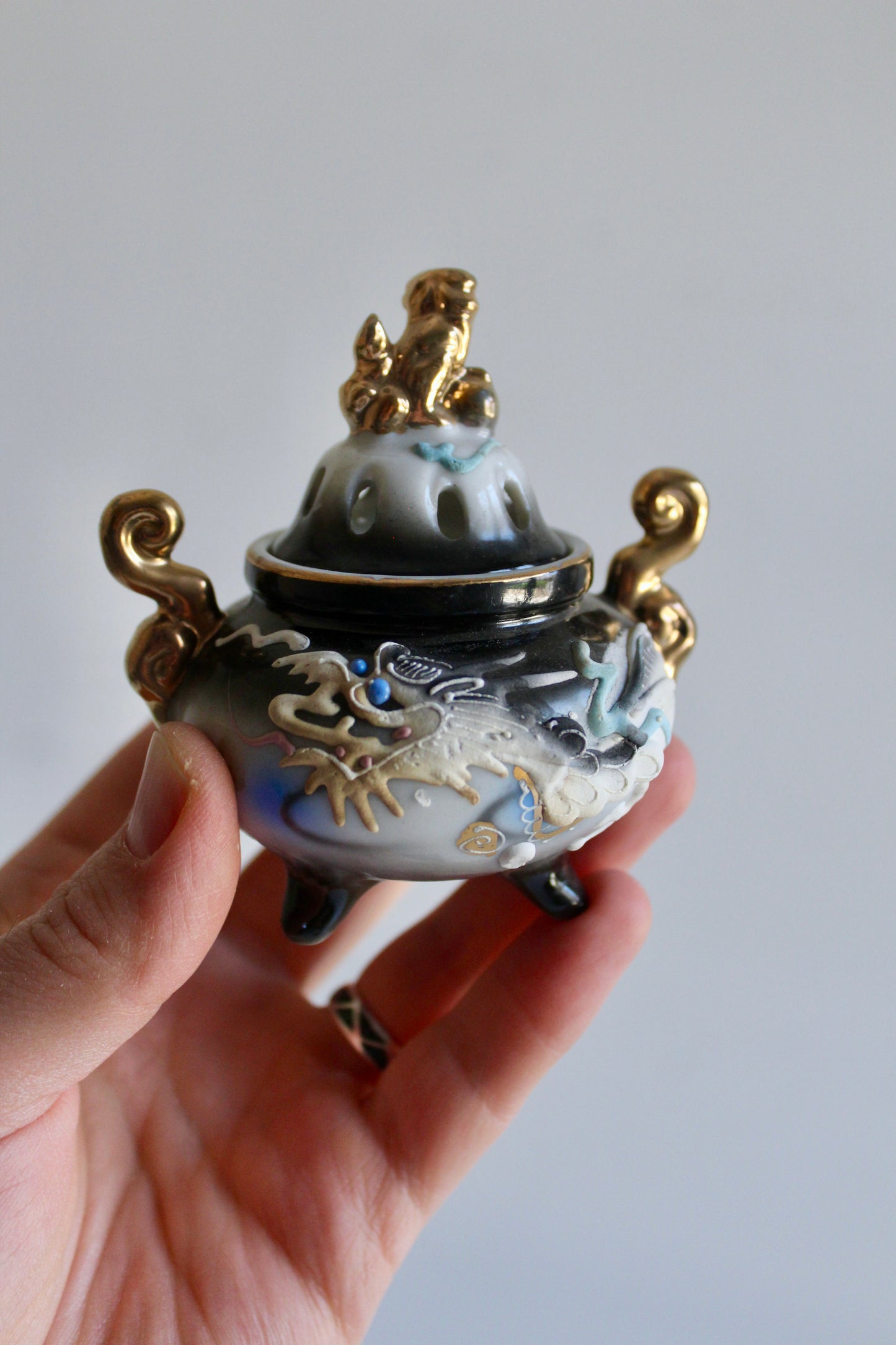 Vintage Japanese Dragon Porcelain Incense Burner (Kōro) with Gilt Handles, c. 1950s–1970s