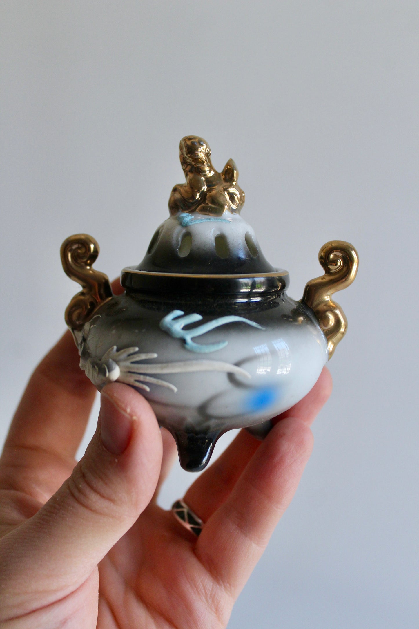 Vintage Japanese Dragon Porcelain Incense Burner (Kōro) with Gilt Handles, c. 1950s–1970s