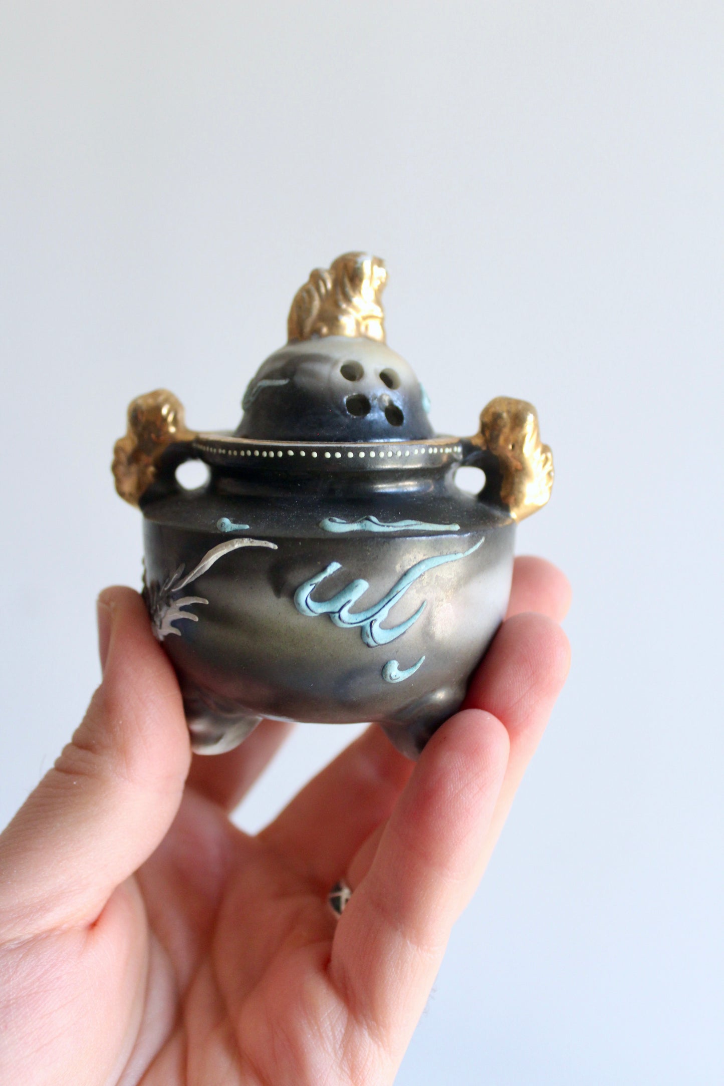 Vintage Japanese Hand-Painted Dragon Incense Burner (Kōro), c. 1920s–1940s