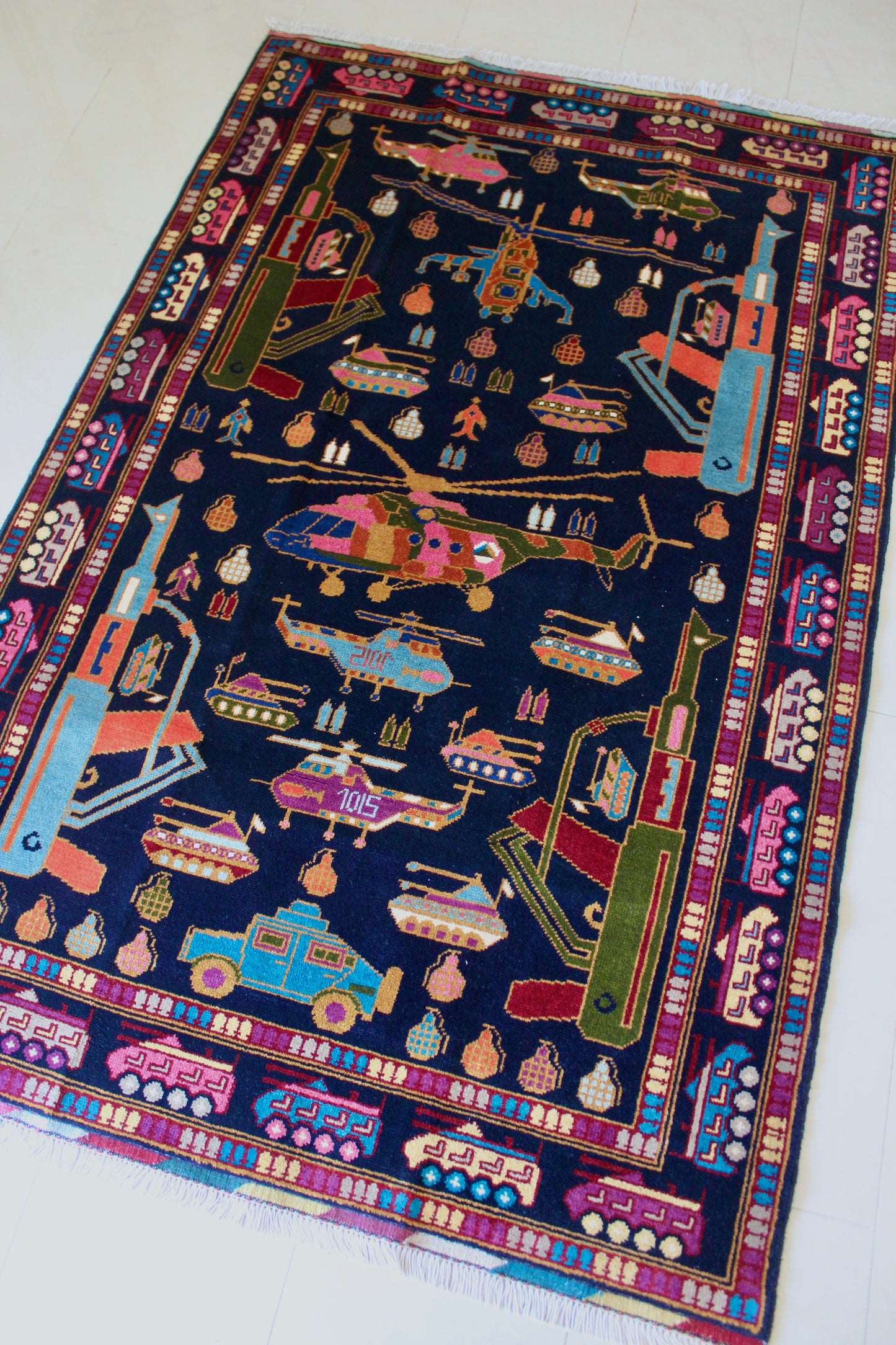 Afghan "War Rug" with Helicopters, Tanks & Military Motifs - 120cm by 184cm