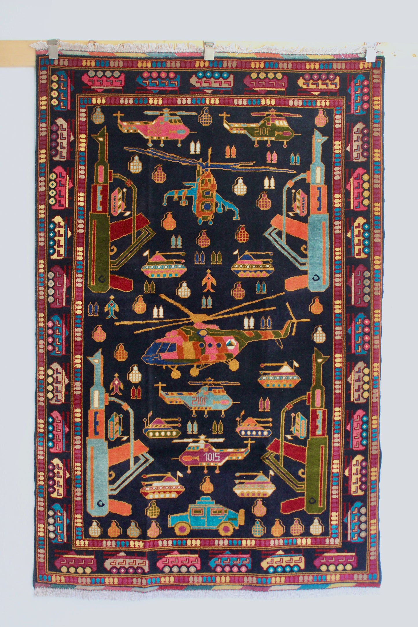 Afghan "War Rug" with Helicopters, Tanks & Military Motifs - 120cm by 184cm