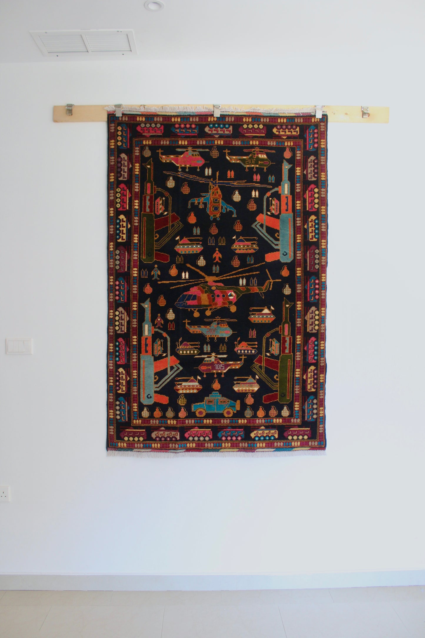 Afghan "War Rug" with Helicopters, Tanks & Military Motifs - 120cm by 184cm