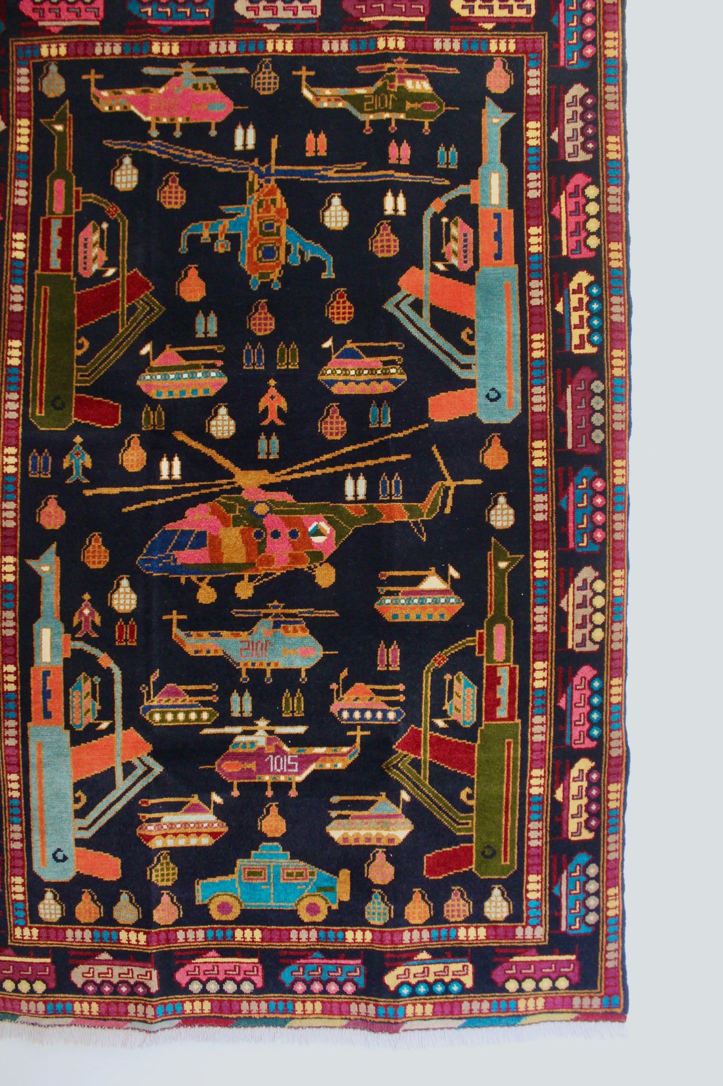 Afghan "War Rug" with Helicopters, Tanks & Military Motifs - 120cm by 184cm