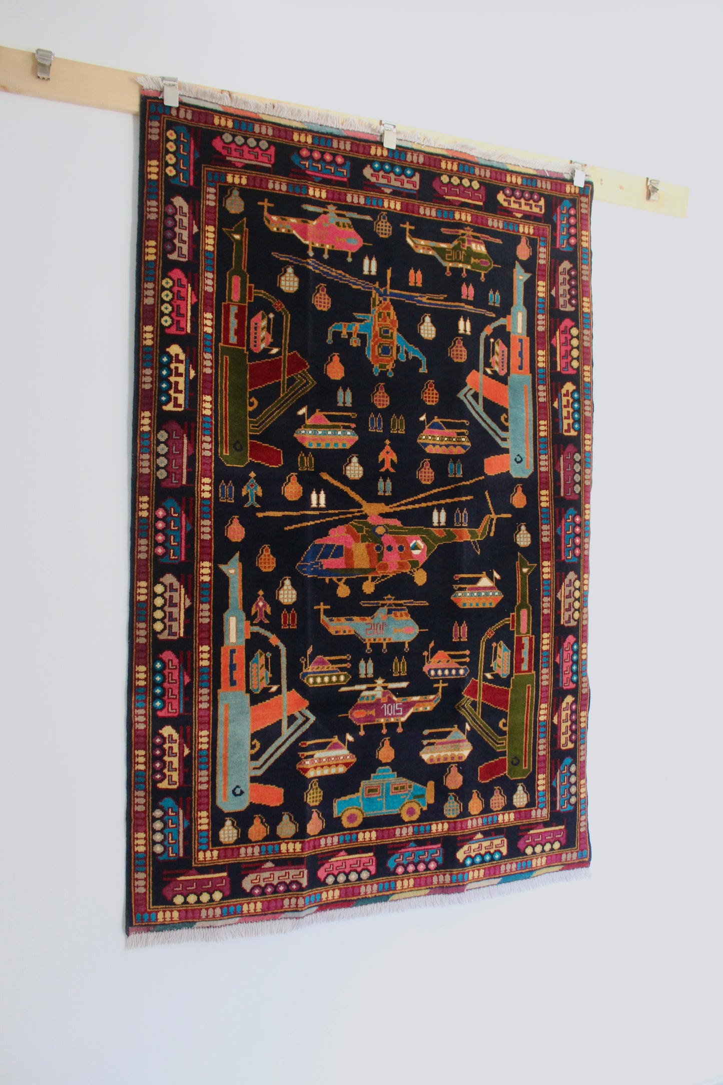 Afghan "War Rug" with Helicopters, Tanks & Military Motifs - 120cm by 184cm