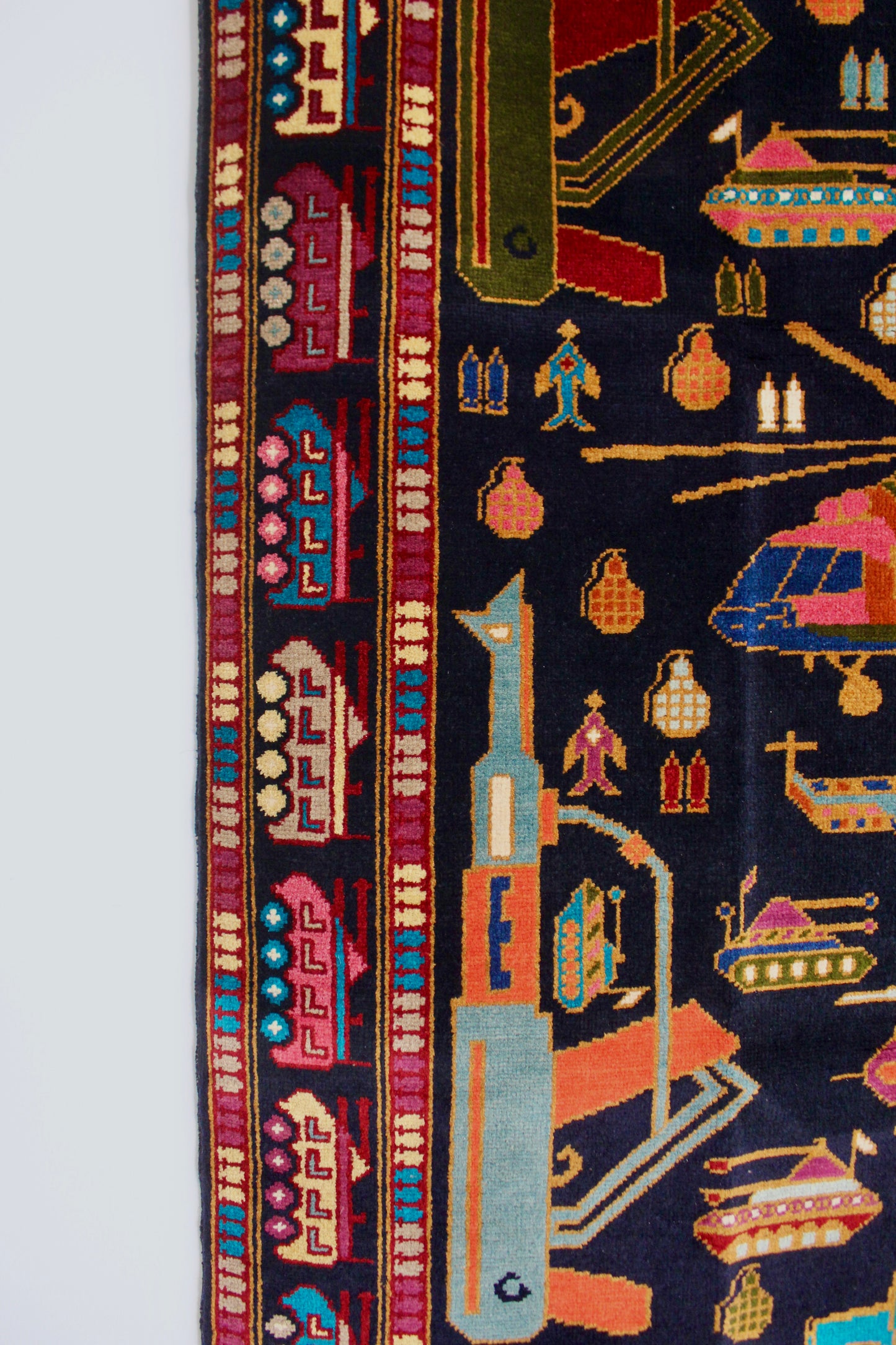 Afghan "War Rug" with Helicopters, Tanks & Military Motifs - 120cm by 184cm