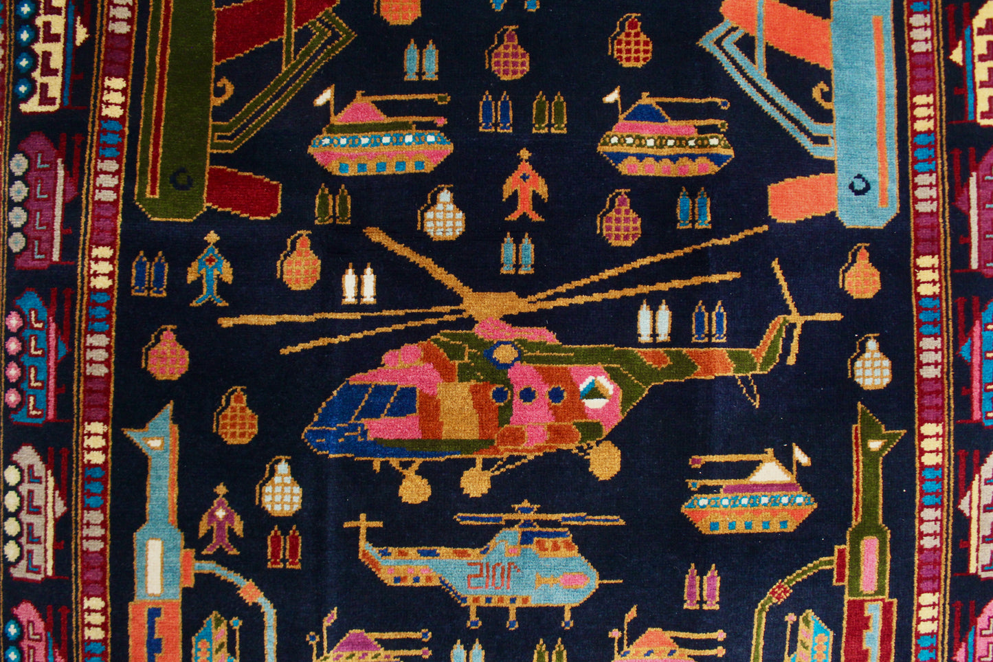 Afghan "War Rug" with Helicopters, Tanks & Military Motifs - 120cm by 184cm