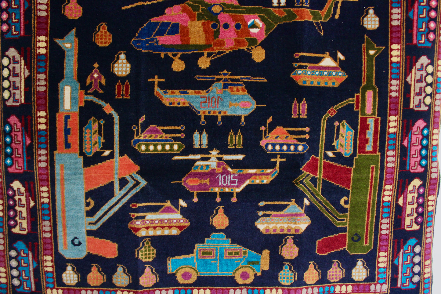 Afghan "War Rug" with Helicopters, Tanks & Military Motifs - 120cm by 184cm