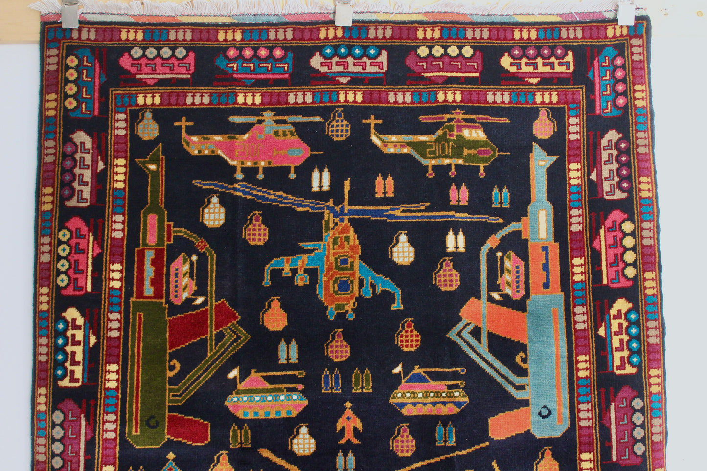 Afghan "War Rug" with Helicopters, Tanks & Military Motifs - 120cm by 184cm