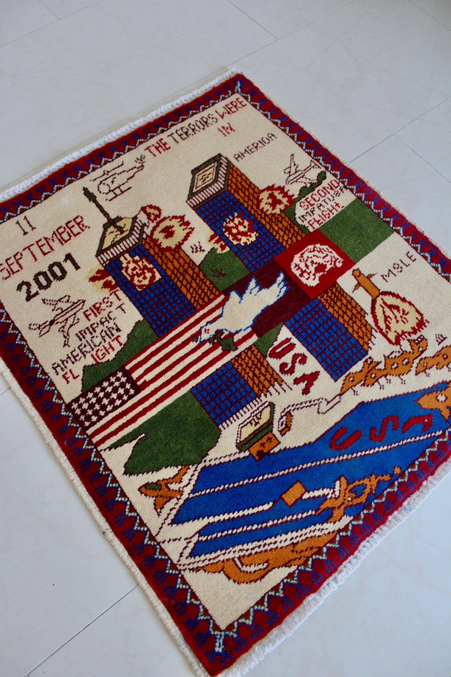 Afghan 9/11 War Rug – Hand-Knotted Wool 61cm by 76cm