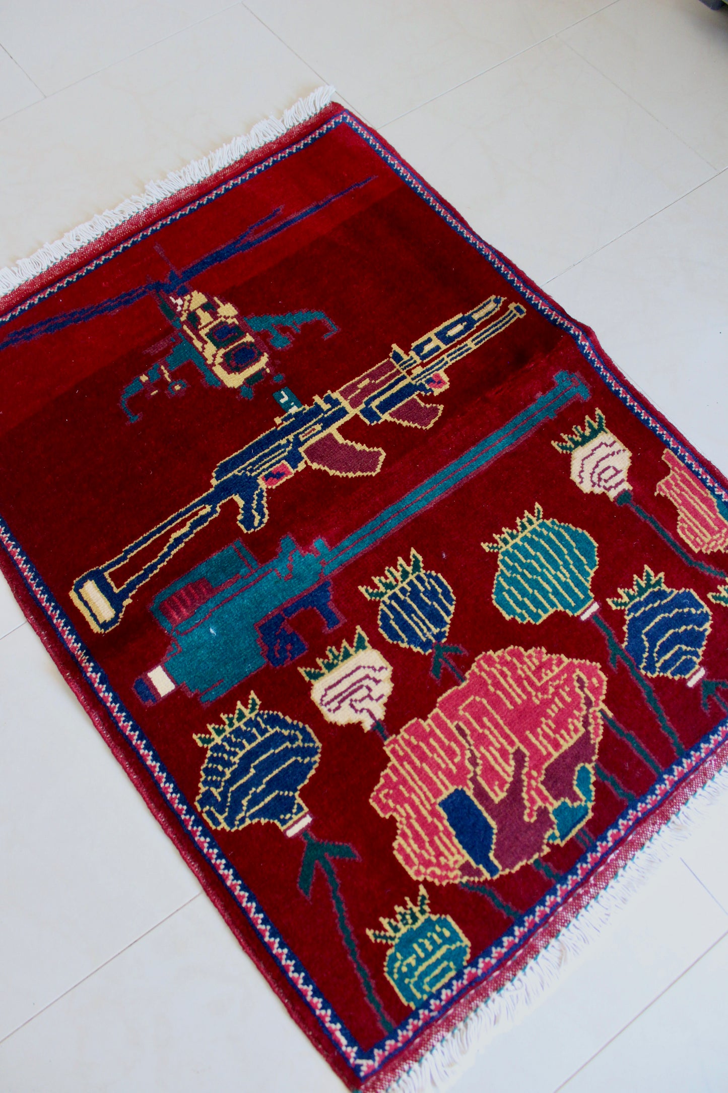 Afghan War Rug – Hand-Knotted Wool (New) - 64cm by 86cm