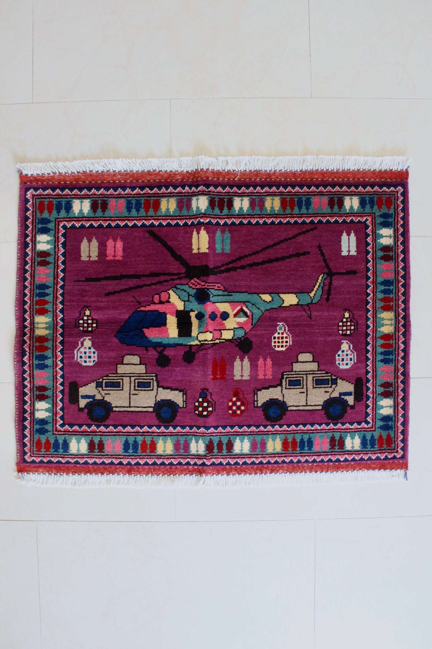 New Hand-Knotted Afghan War Rug – Helicopter & Humvee Design 64cm by 84cm