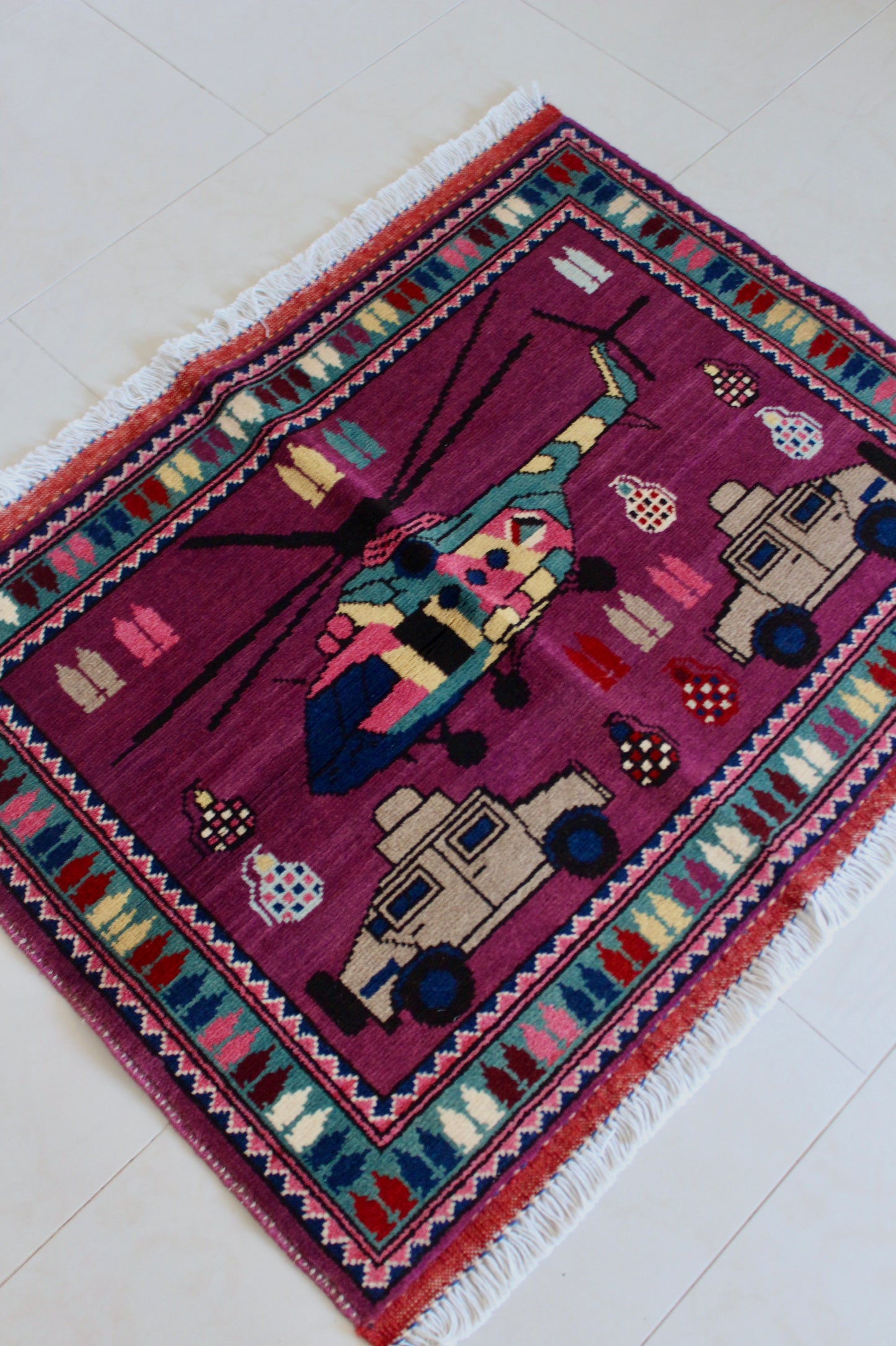 New Hand-Knotted Afghan War Rug – Helicopter & Humvee Design 64cm by 84cm