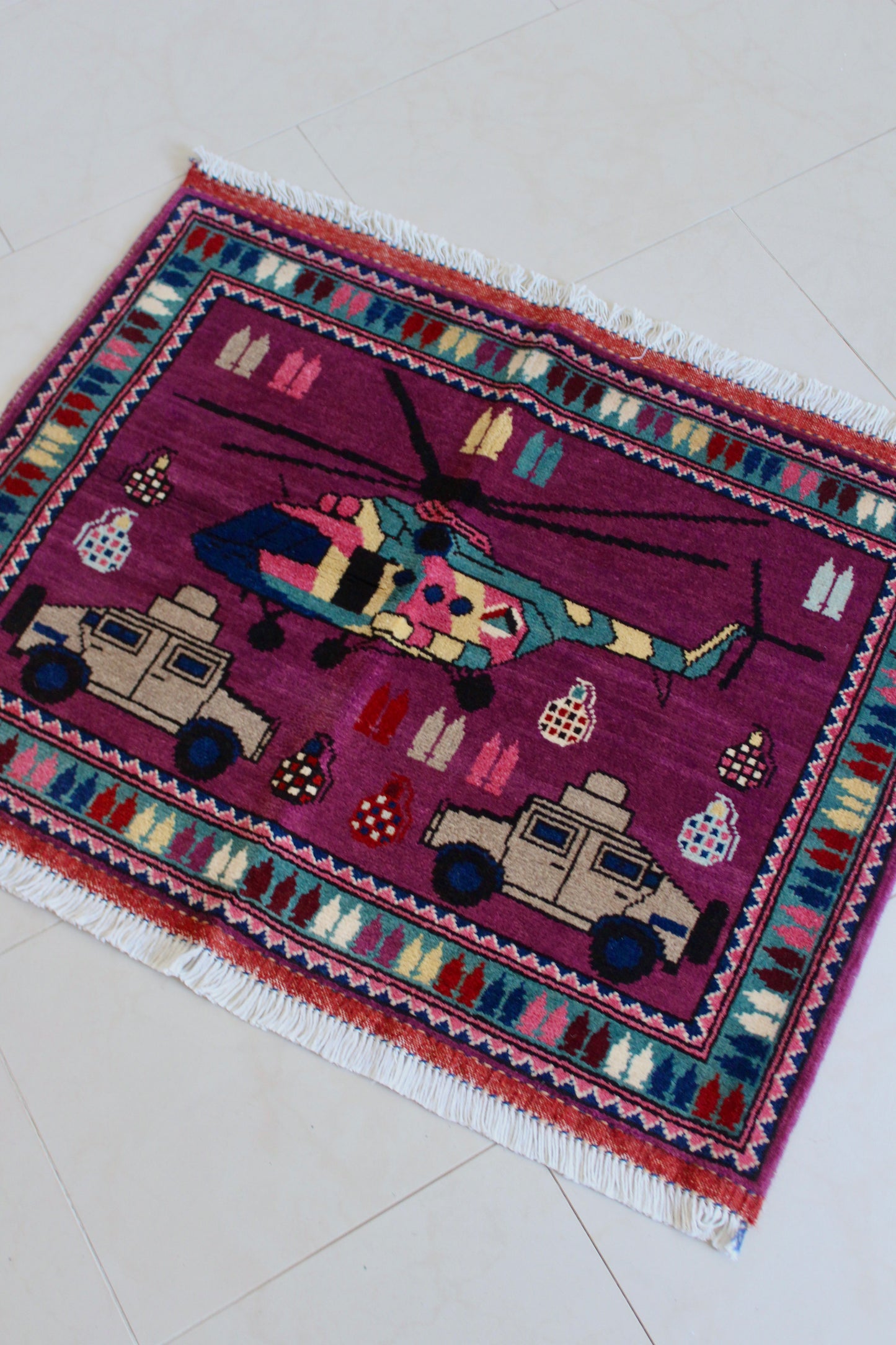 New Hand-Knotted Afghan War Rug – Helicopter & Humvee Design 64cm by 84cm