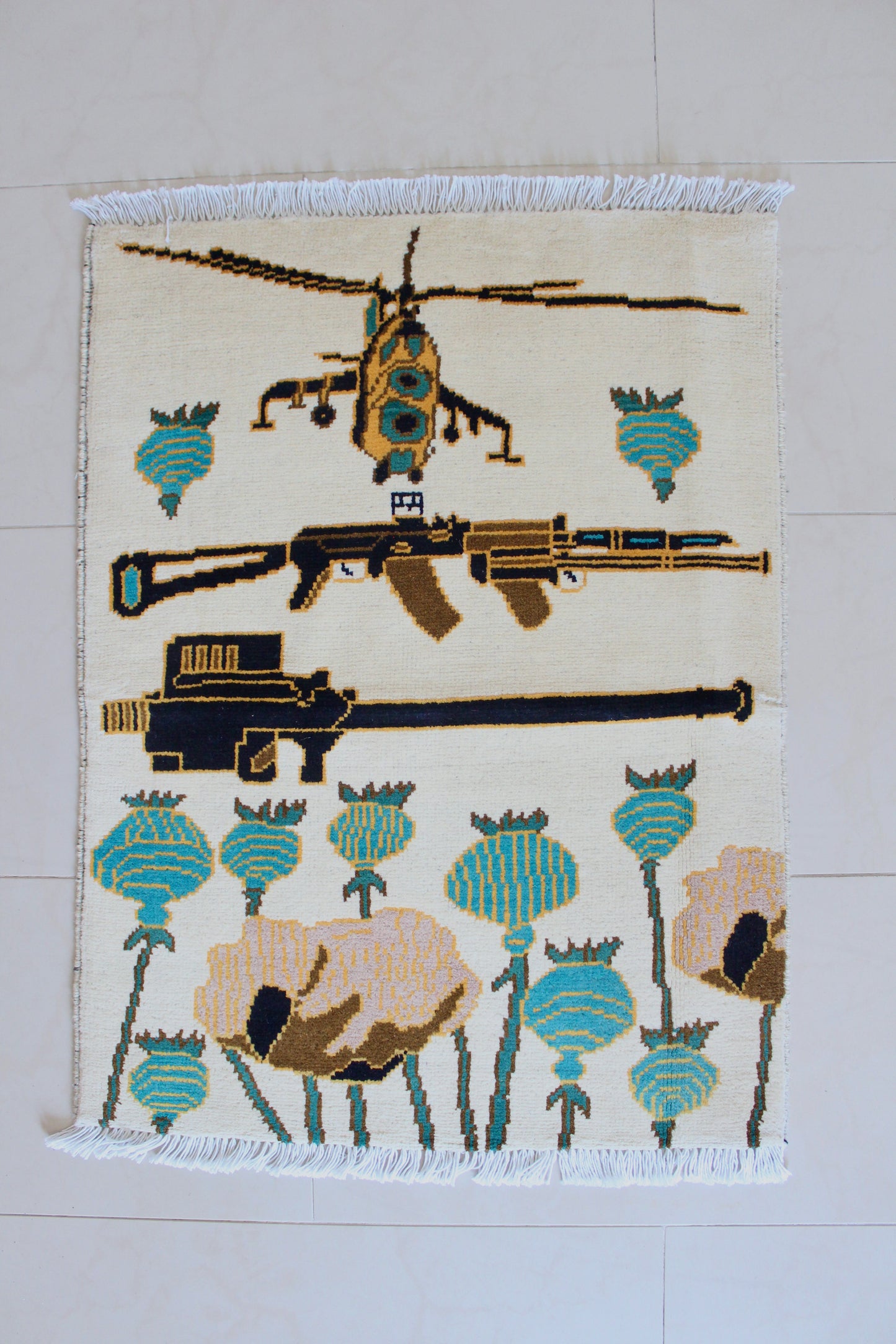 New Hand-Knotted Afghan War Rug – Helicopter, Rifle & Poppy Design
