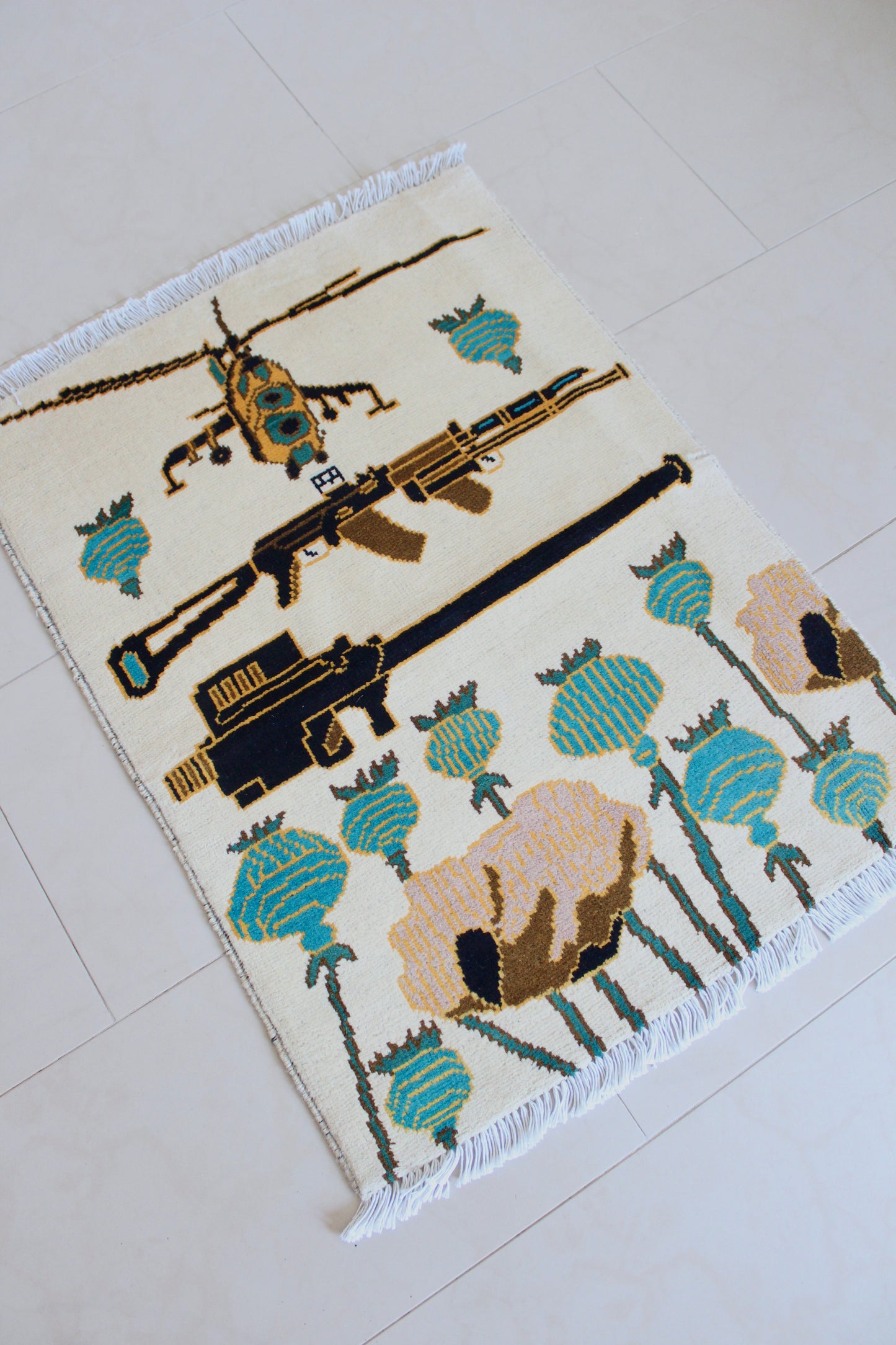 New Hand-Knotted Afghan War Rug – Helicopter, Rifle & Poppy Design