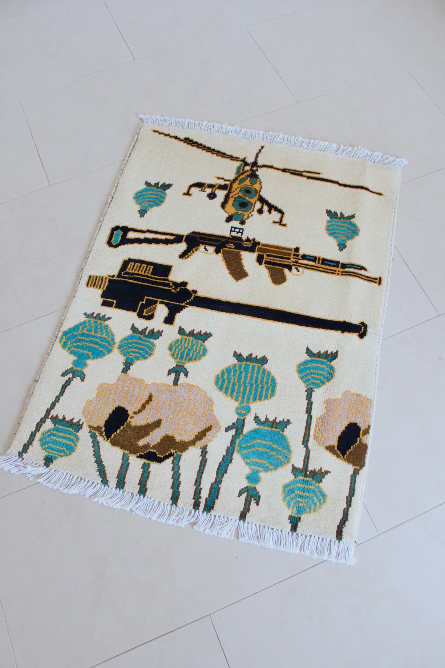 New Hand-Knotted Afghan War Rug – Helicopter, Rifle & Poppy Design